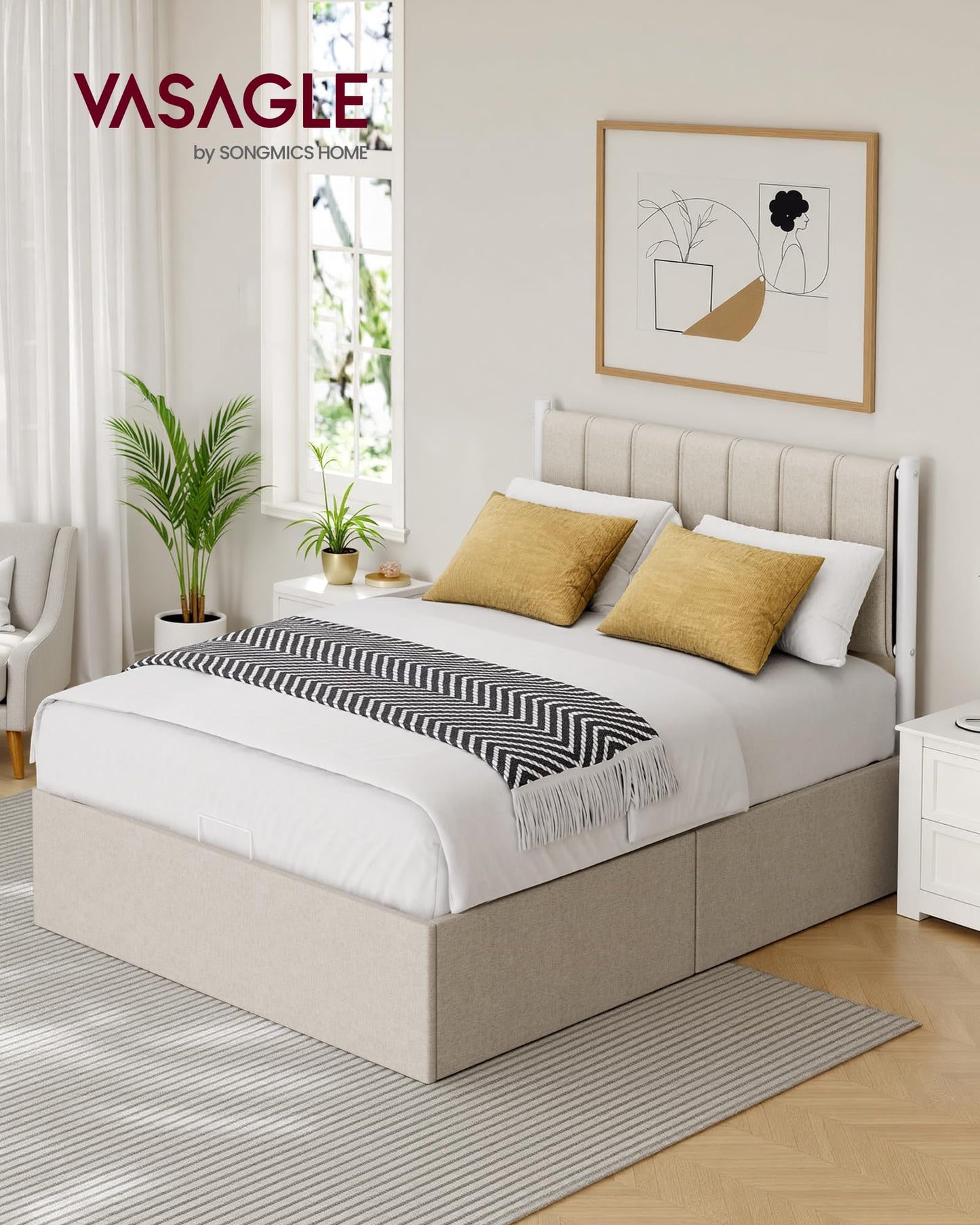 VASAGLE Lift Up Storage Bed Frame Full Size, Hydraulic Platform Bed, with Upholstered Headboard, 1100 lb Weight Capacity, No Box Spring Needed, Easy Assembly, Modern, Cappuccino Beige URMB602W01V1