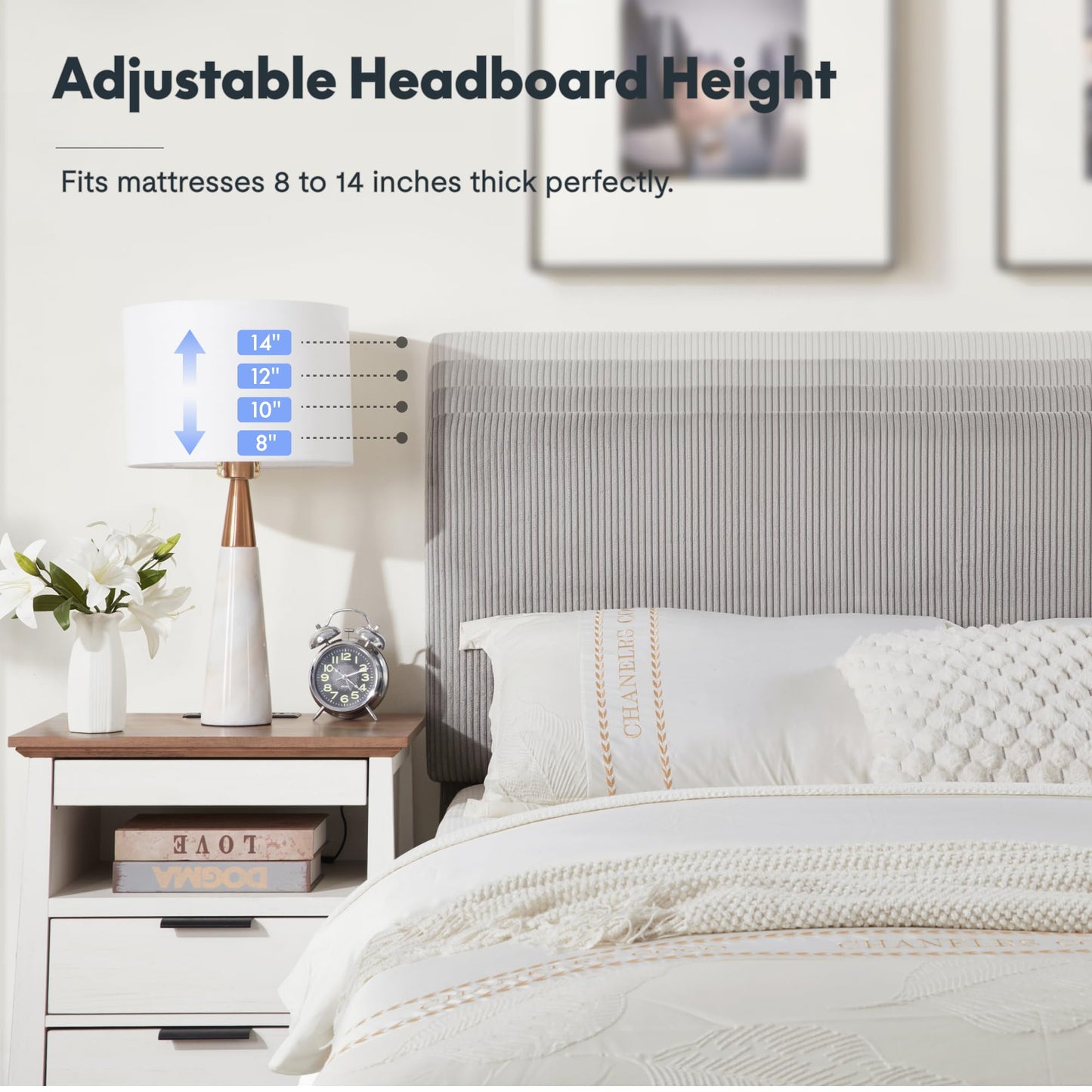 FLEXISPOT Queen All-in-One Adjustable Bed with Velvet Upholstered Bed Frame, Vertical Channel Fluted Headboard, Head & Foot Lift, Adjustable Headboard, Thick Foam Padding, Easy Assembly, Light Grey