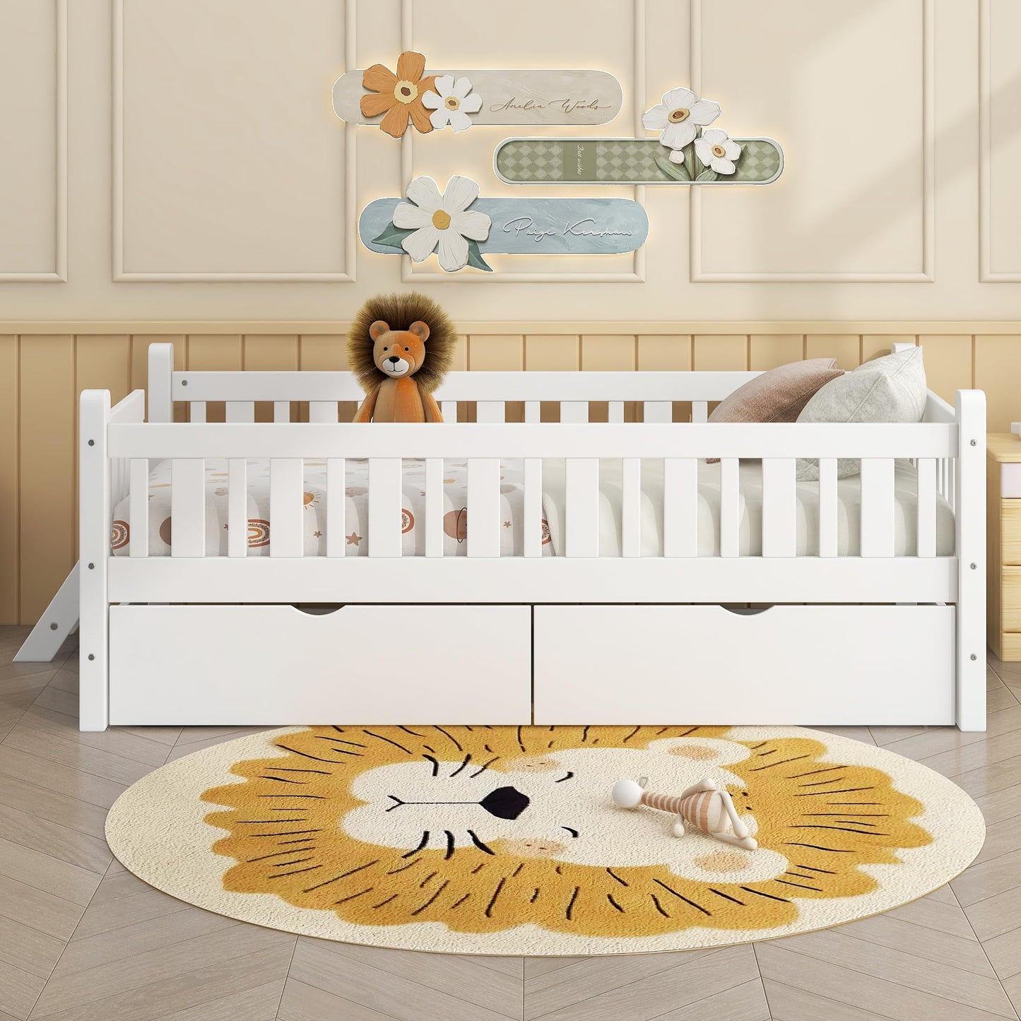Merax Wood Twin Size Platform Bed with Guardrail and 2 Drawers, Kids Bed Frame with Stairs, White