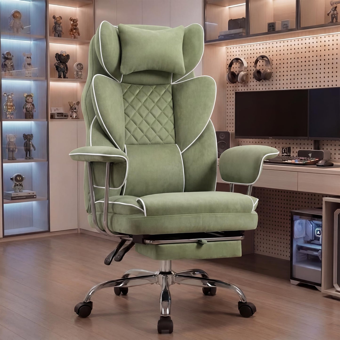 NEO Chair Big and Tall Offie Chair Gaming Computer Chair High Back Heavy Duty Desk Chai with Lumbar Support Adjustable Recliner Footrest Wide Seat Fabric Executive Home with Wheels (Fabric Green)