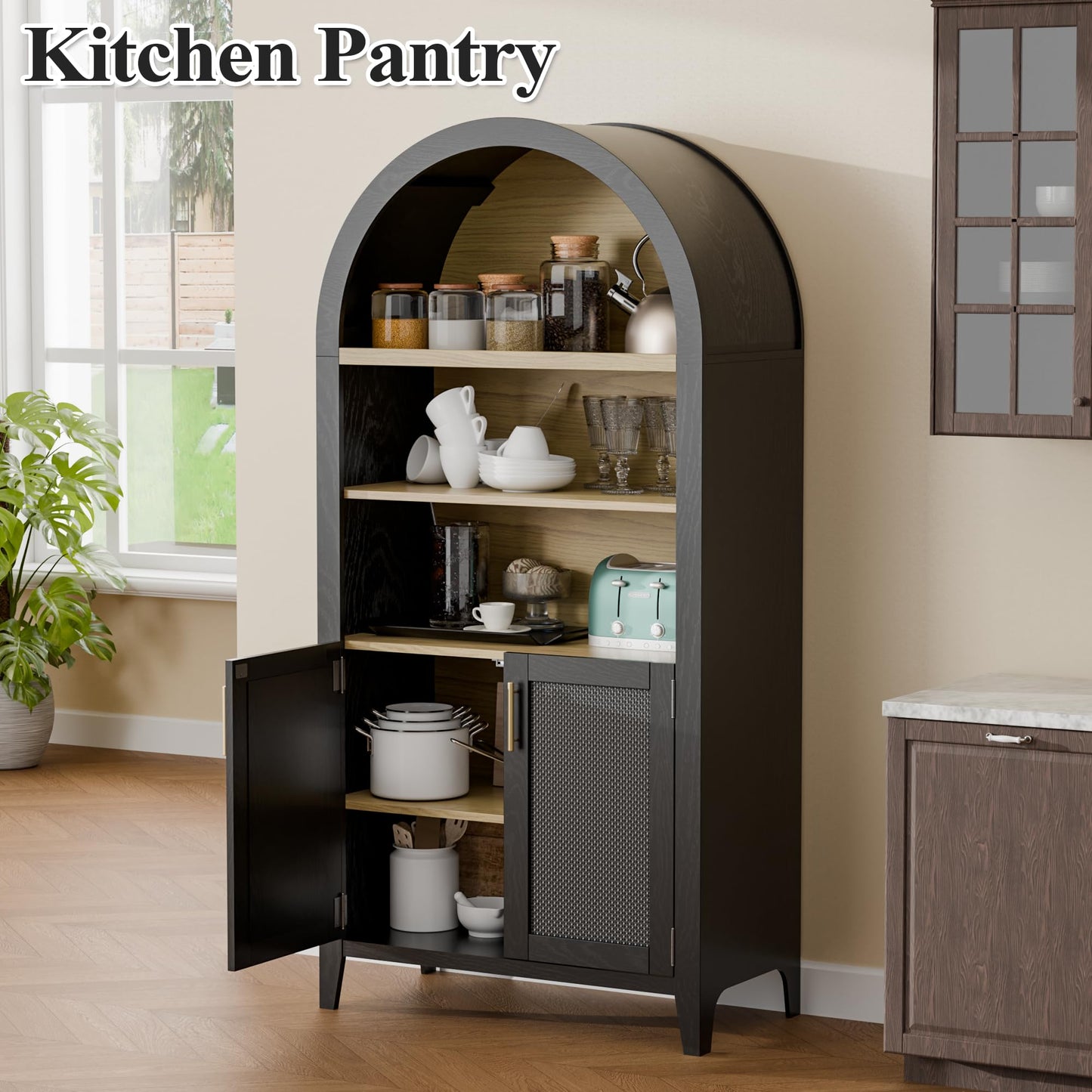 Topcomfy 63" Arched Bookshelf with Rattan Doors, Mid Century Modern Bookcase with Adjustable Shelves, 5-Tier Wood Storage Display Cabinet for Living Room, Home Office, Black