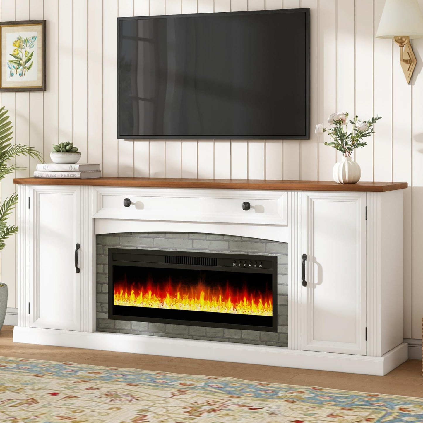 Merax Electric Fireplace TV Stand with Storage, Farmhouse Entertainment Center for Living Room, Heater Unit with Adjustable Shelves & Cable Management, MDF Wood Media Console Table, White