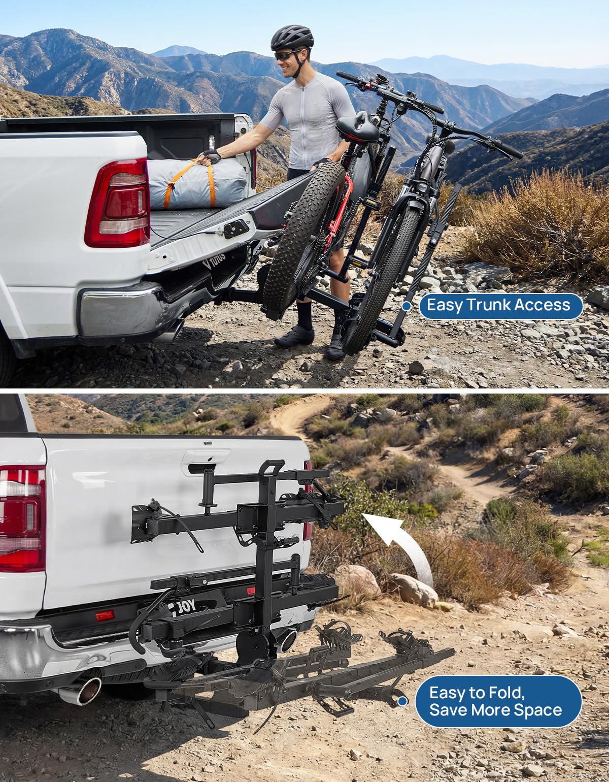 JOYTUTUS Hitch EBike Rack with Ramp for 2 E-Bikes, 200 LBS Capacity Electric Bike Rack for Cars SUVs Trucks, Easy Tilting Foldable Bike Carrier Platform Mount for 2" Receiver, Fits up to 5" Fat Tire