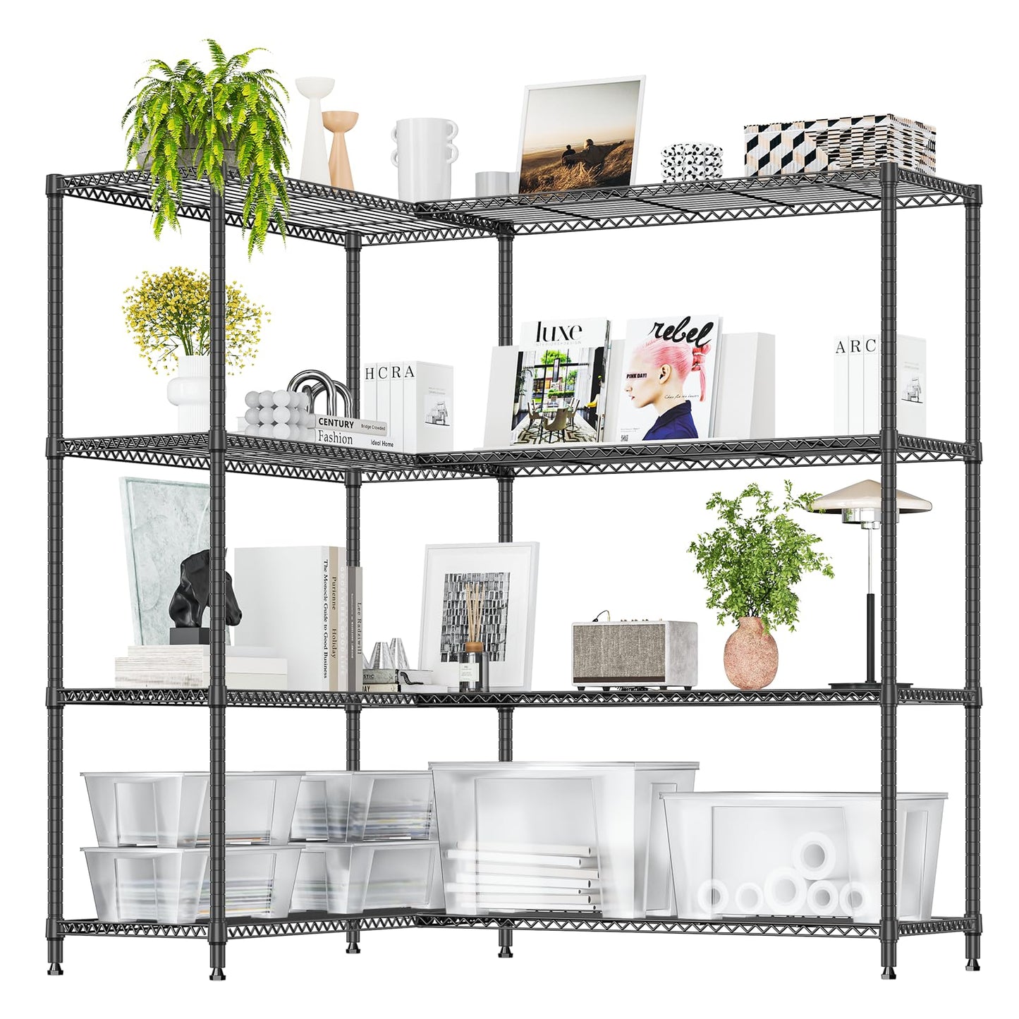 IZEUK Linked Storage Racks, DIY Adjustable Heavy Duty Metal Shelving Unit for Corner, Ideal for Kitchen, Garage, Warehouse, and Garden (Black, 4 Tiers, 15.7" D x 33.5" W x 59.5" H, 1147 lbs Capacity)