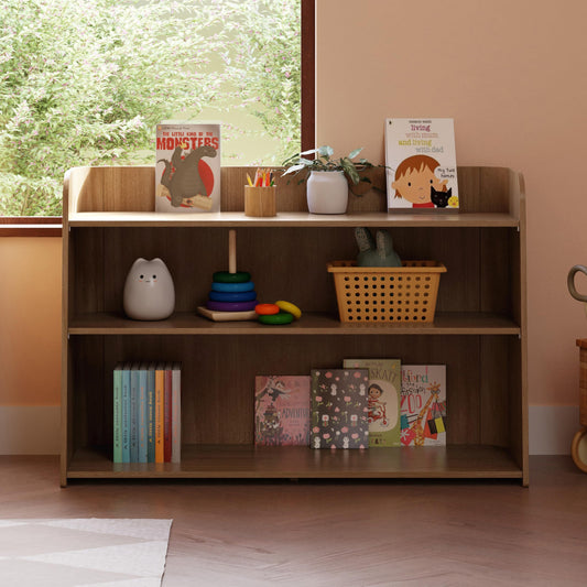 Babyletto Melo Montessori 3 Shelf Bookcase, GREENGUARD Gold Wood Bookshelf - Easy Assembly Book Case w/Wide Storage Shelves, Modern Wooden Book Shelf for Living Room, Bedroom, Office, Natural Walnut