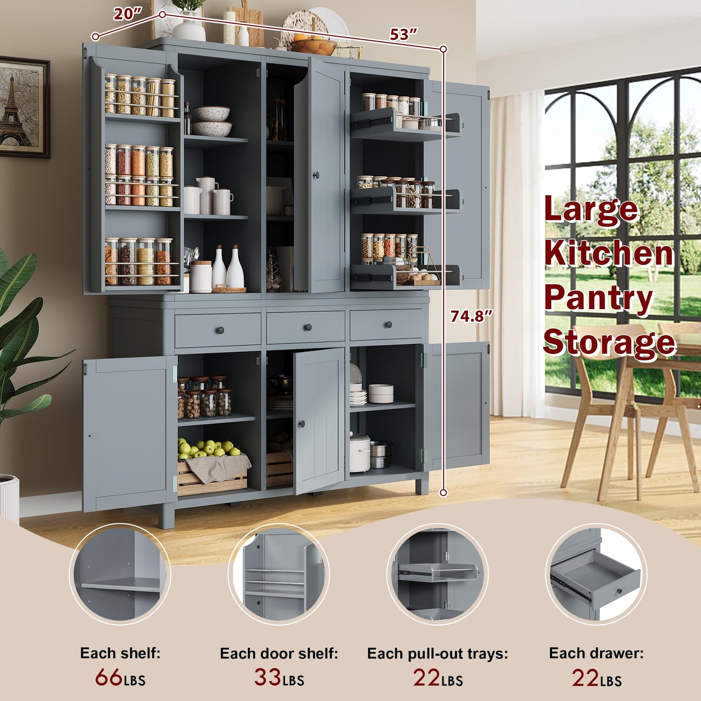 Merax 74.8'' Tall Kitchen Pantry Storage Cabinet with 6 Doors, 3 Drawers and Adjustable Shelves, Freestanding Large Cupboard & Pull-Out Trays for Kitchen, Dining Room, Living Room, Gray