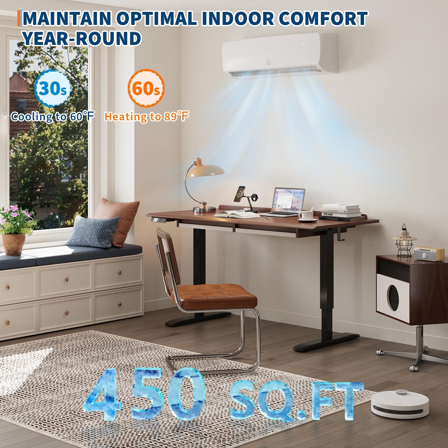 115V Mini Split Air Conditioner 9000 BTU 19 SEER2 Heat Pump, Cools 450 Sq.Ft with Household Plug, 3-in-1 Inverter System for Cooling Heating Dehumidifying, 10ft Line Set for Standard Wall Outlet