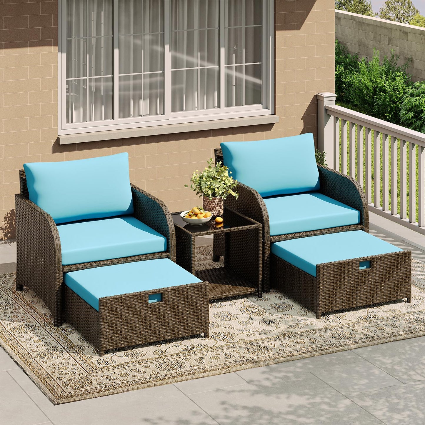 Garvee Patio Furniture Set, 5-Piece PE Rattan Wicker Outdoor Seating Set with Ottomans and Glass Tabletop, All-Weather Conversation Furniture for Garden Balcony