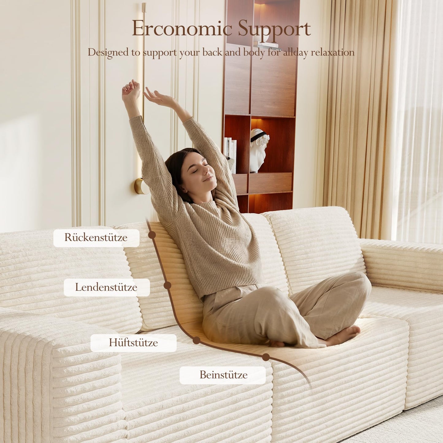 119" Modular Sofa Set, Corduroy Cloud Sectional Couch with Extra Deep Seating & Reinforced Spring System, Compact 3-Seater Boneless Sofa for Living Room & Apartment Spaces, Tool-Free Setup, Beige