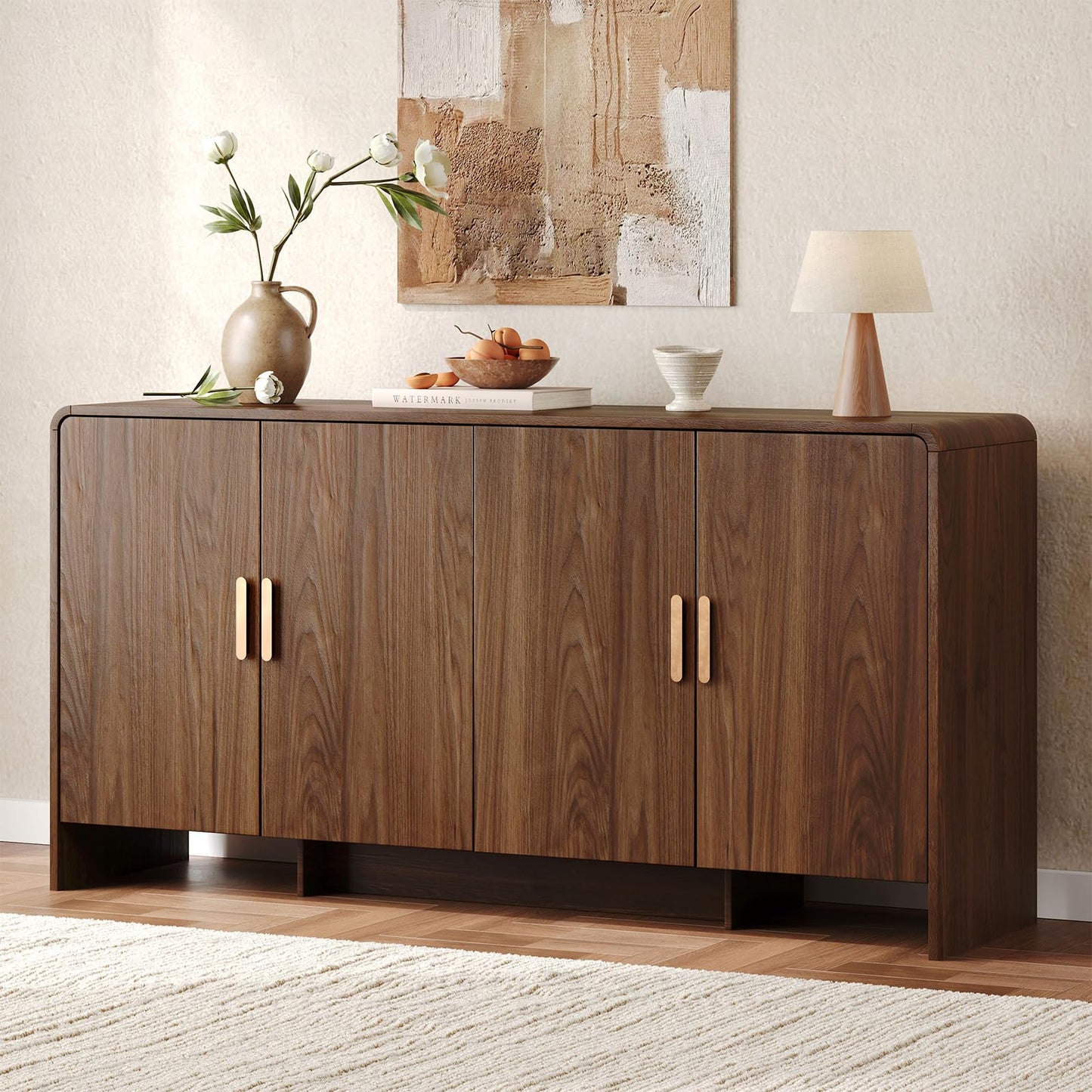 60" Sideboard Buffet Cabinet, Large Curved Design Storage Cabinet with 4 Doors & 2 Adjustable Shelves, Sturdy Build, Easy Assembly, Bar Console Fit for Dining Room/Living Room/Kitchen, Walnut