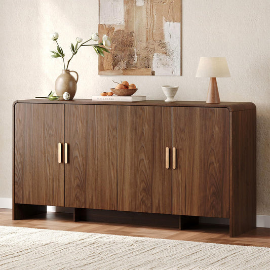 60" Sideboard Buffet Cabinet, Large Curved Design Storage Cabinet with 4 Doors & 2 Adjustable Shelves, Sturdy Build, Easy Assembly, Bar Console Fit for Dining Room/Living Room/Kitchen, Walnut