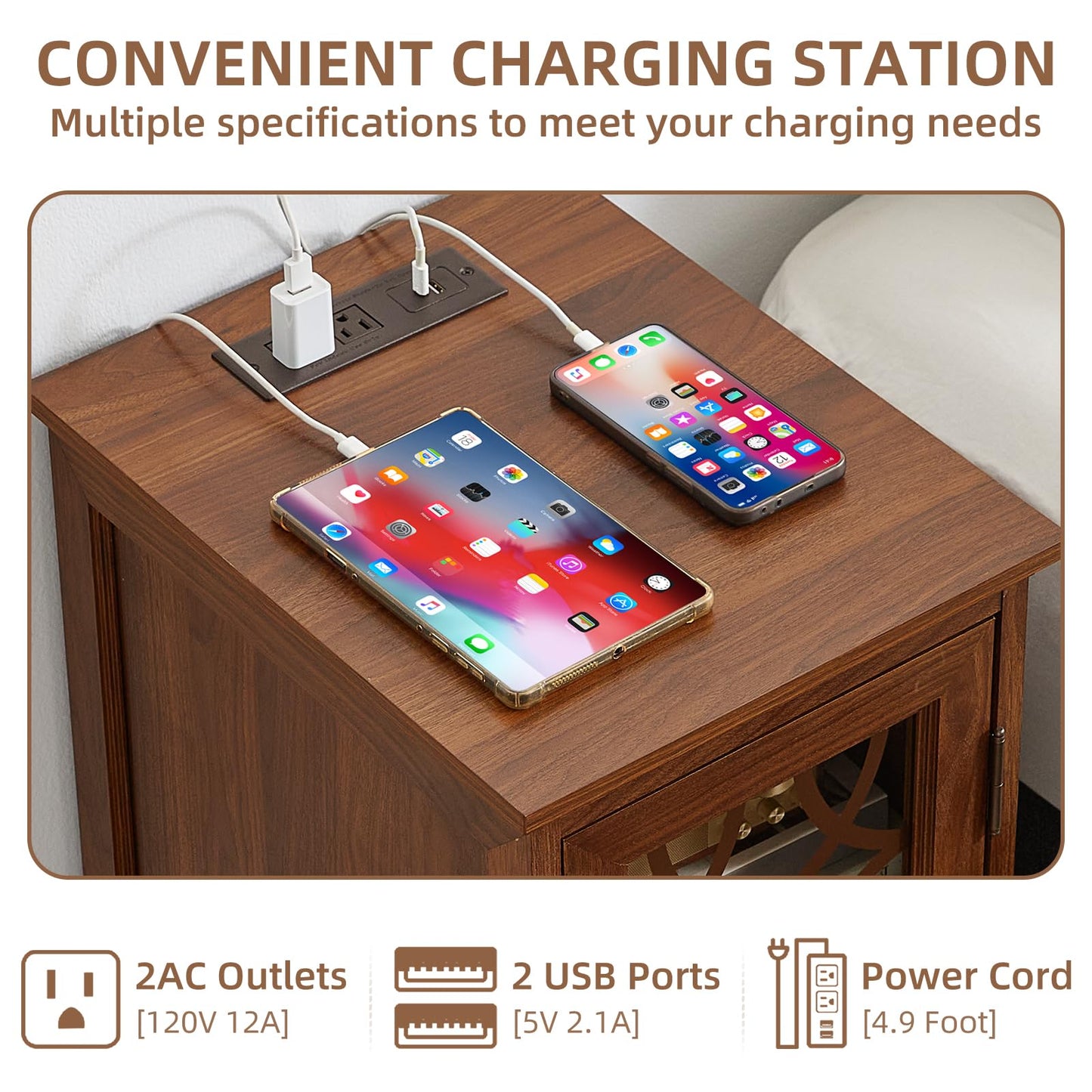 Joaxswe Narrow Side Table with Charging Station Set of 2, Night Stand with Glass Door,Bedside End Tables with Adjustable Shelf Storage Cabinet,Wood Nightstand for Small Spaces Living Room Bedroom