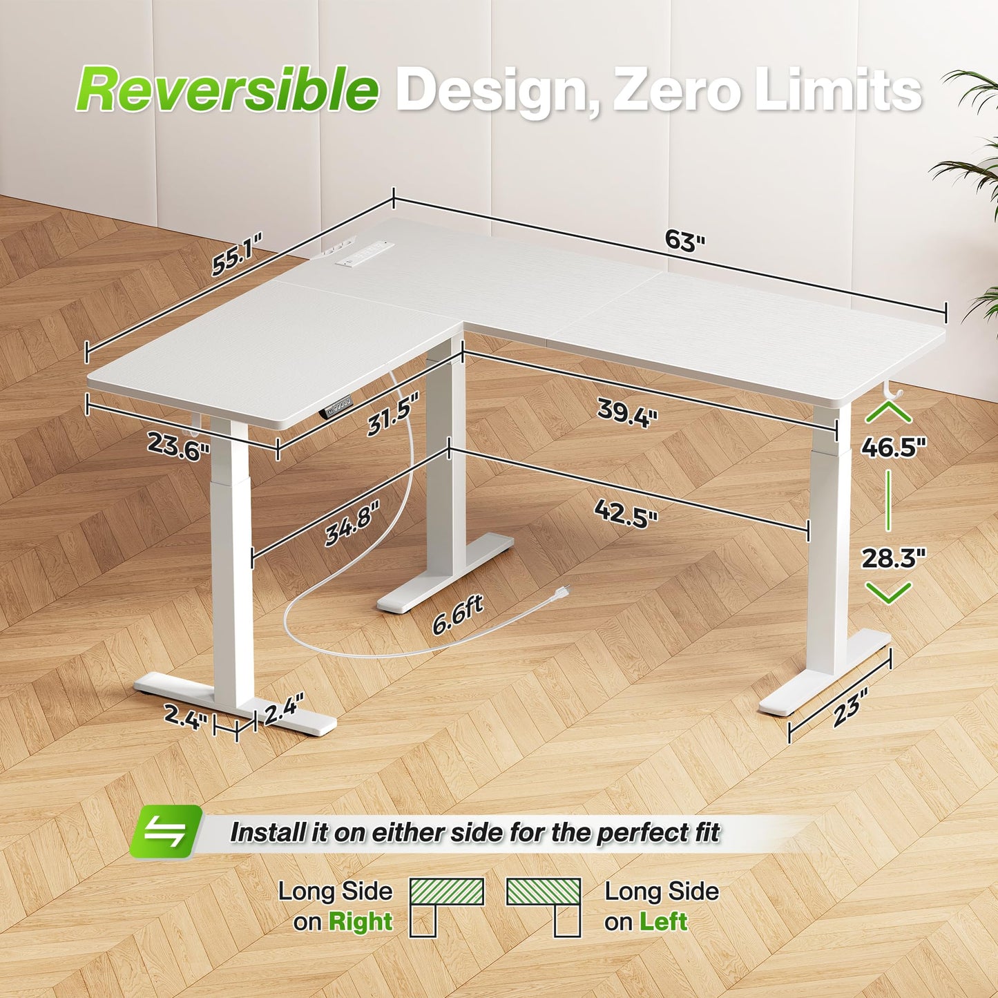 Huuger L Shaped Standing Desk with Power Outlets, 63 x 55 Inch Height Adjustable Computer Desk for Bedroom, Corner Stand up Desk for Home and Office, Work and Study, White