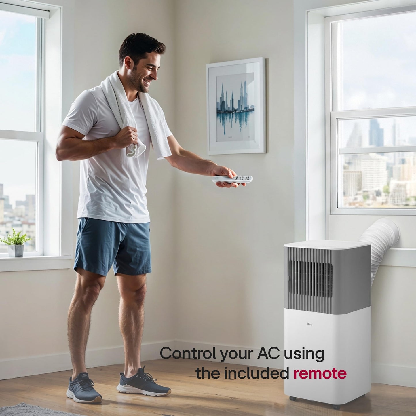 LG 5,000 BTU SACC (8,500 BTU ASHRAE) Portable Air Conditioner, 115V, Cools 150 Sq.Ft. (10' x 15' Room Size), Quiet Operation, LCD Remote Control, and Window Installation Kit, White & Gray