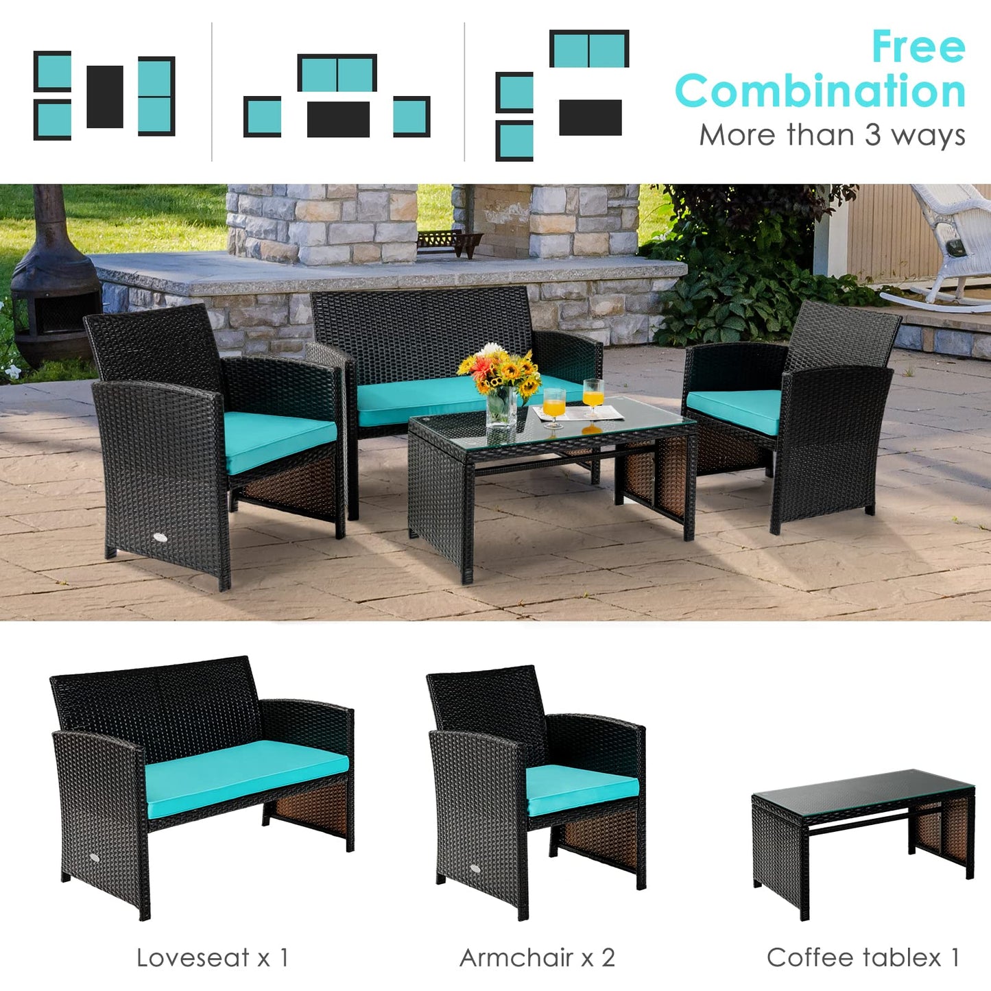 COSTWAY 4 Piece Patio Furniture Set, Outdoor PE Rattan Wicker Sectional Sofa with Cushion and Coffee Table, Patio Conversation Sets for Balcony Lawn Porch Patio Backyard Garden Poolside, Turquoise