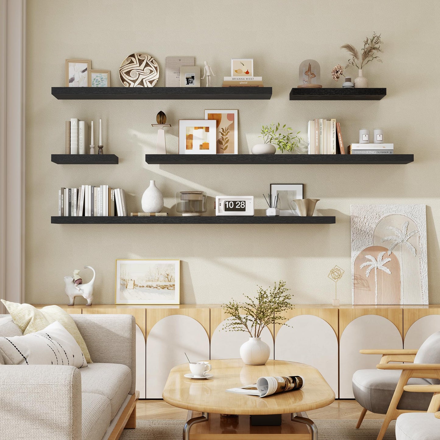 Fun Memories 72 Inch Floating Shelves for Wall, Fireplace Mantel Shelf with Invisible Heavy Duty Bracket, 8 Inch Deep Storage Shelf for Living Room, Kitchen, Farmhouse, Black (2-Pack)