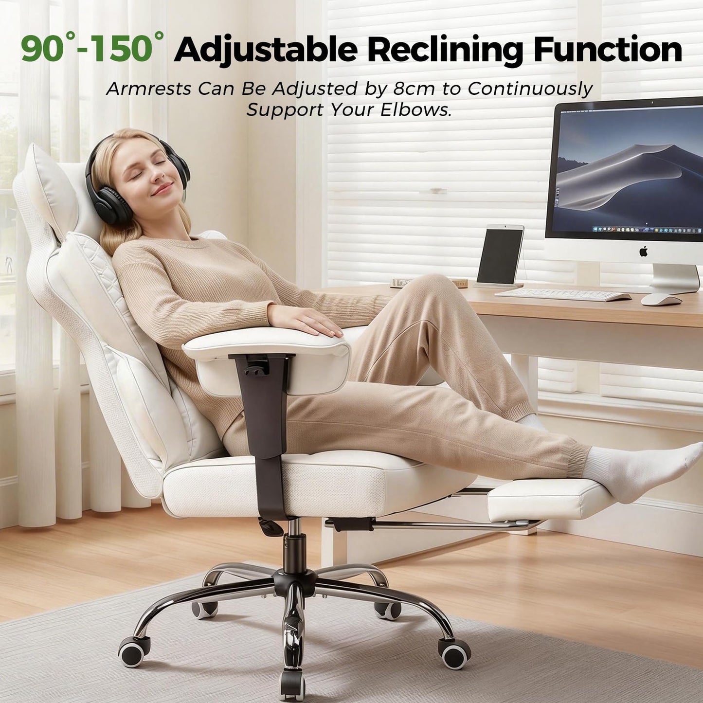 GTPOFFICE Big and Tall Office Chair 400LBS Wide Seat Computer Gaming Chair with Footrest & Comfy Lumbar Support, Leather High Back Executive Chair with Ergonomic Pressure Relief Seat Cushion, White