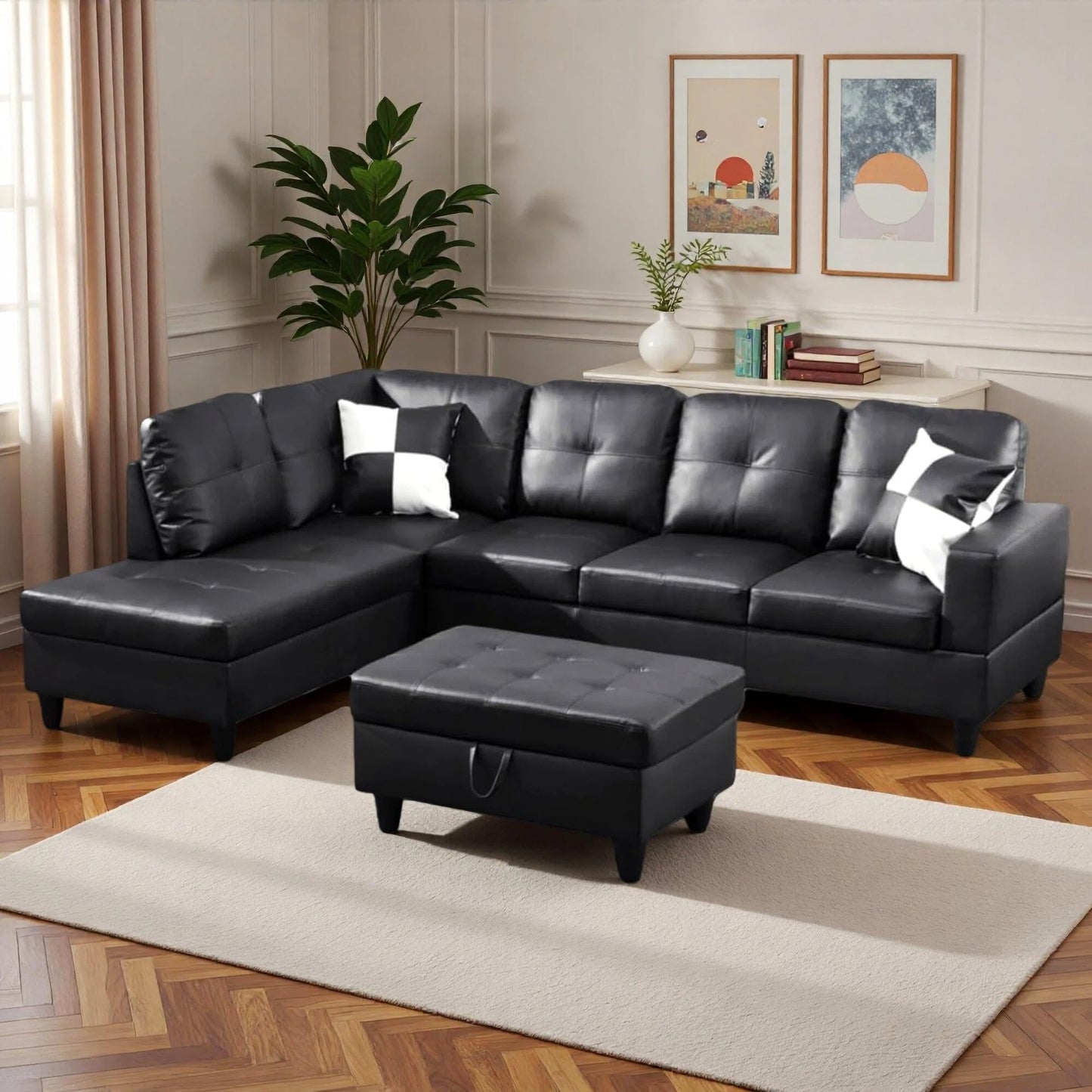 Trygoal 103.5" Sectional Couches for Living Room, Leather 4 Seat L Shaped Couch with Chaise, 3-Piece Modular Sofa with Storage Ottoman, Home Furniture Sets for Apartment Office, Black