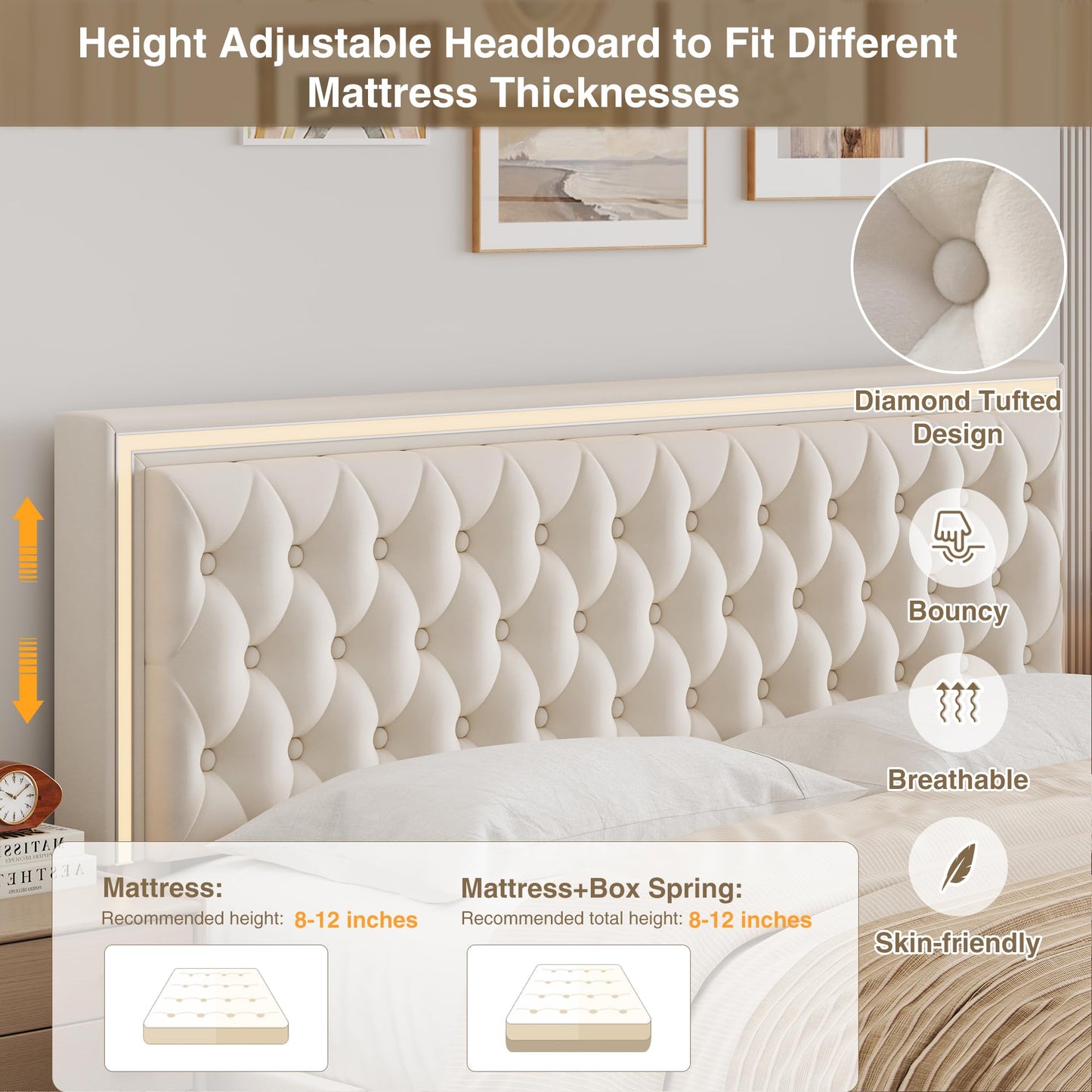 Keyluv Queen Size LED Bed Frame with 4 Storage Drawers and Adjustable Headboard, Velvet Upholstered Button Tufted Modern Platform Bed, Solid Wooden Slats Support, Easy Assembly, Beige