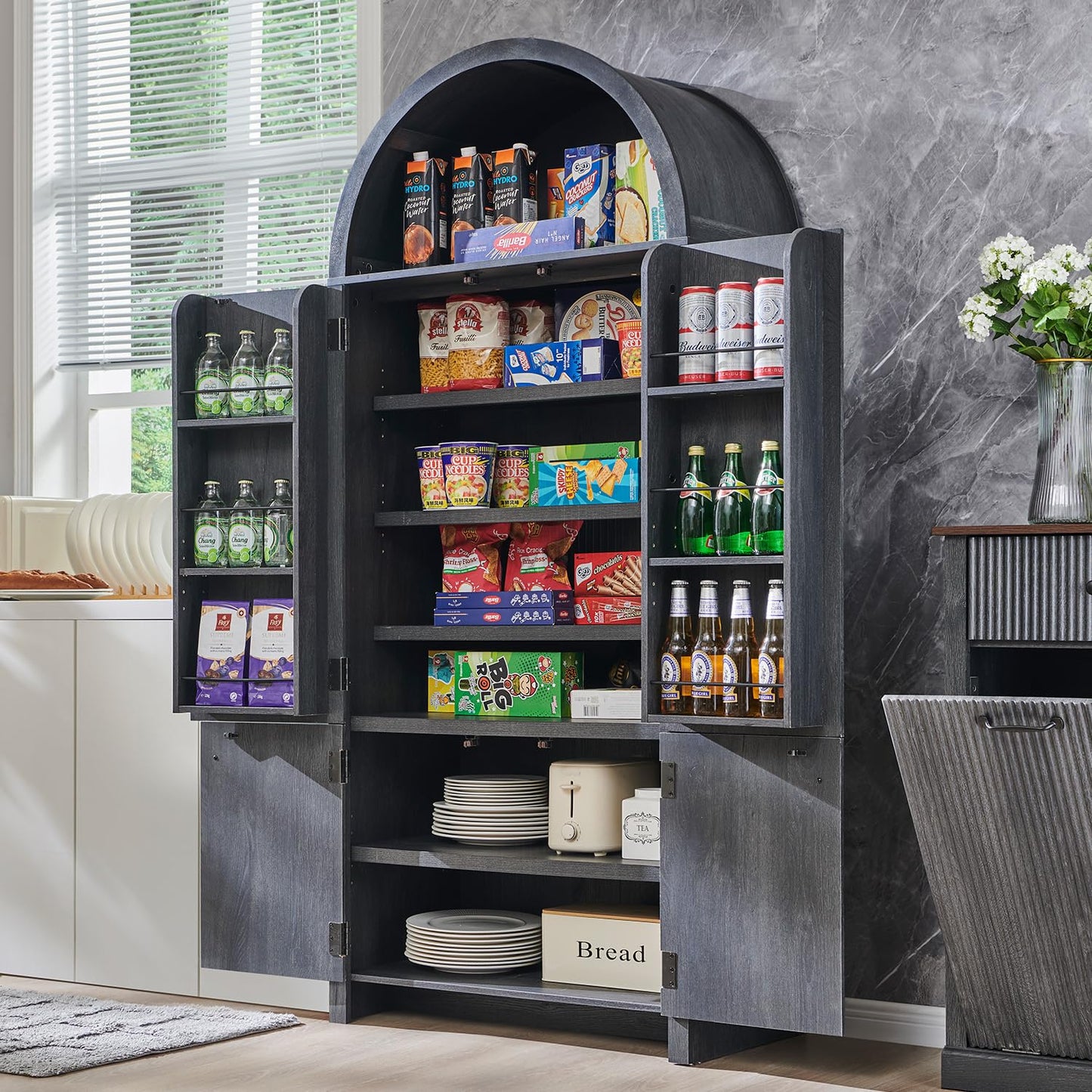 IFBUY 71" Tall Arched Bathroom Storage Cabinet, Modern Fluted Storage Cabinet w/Doors, 3 Adjustable Shelves, 6 Door Shelves, Wood Freestanding Cabinet for Bathroom, Entryway, Hallway, Dark Grey
