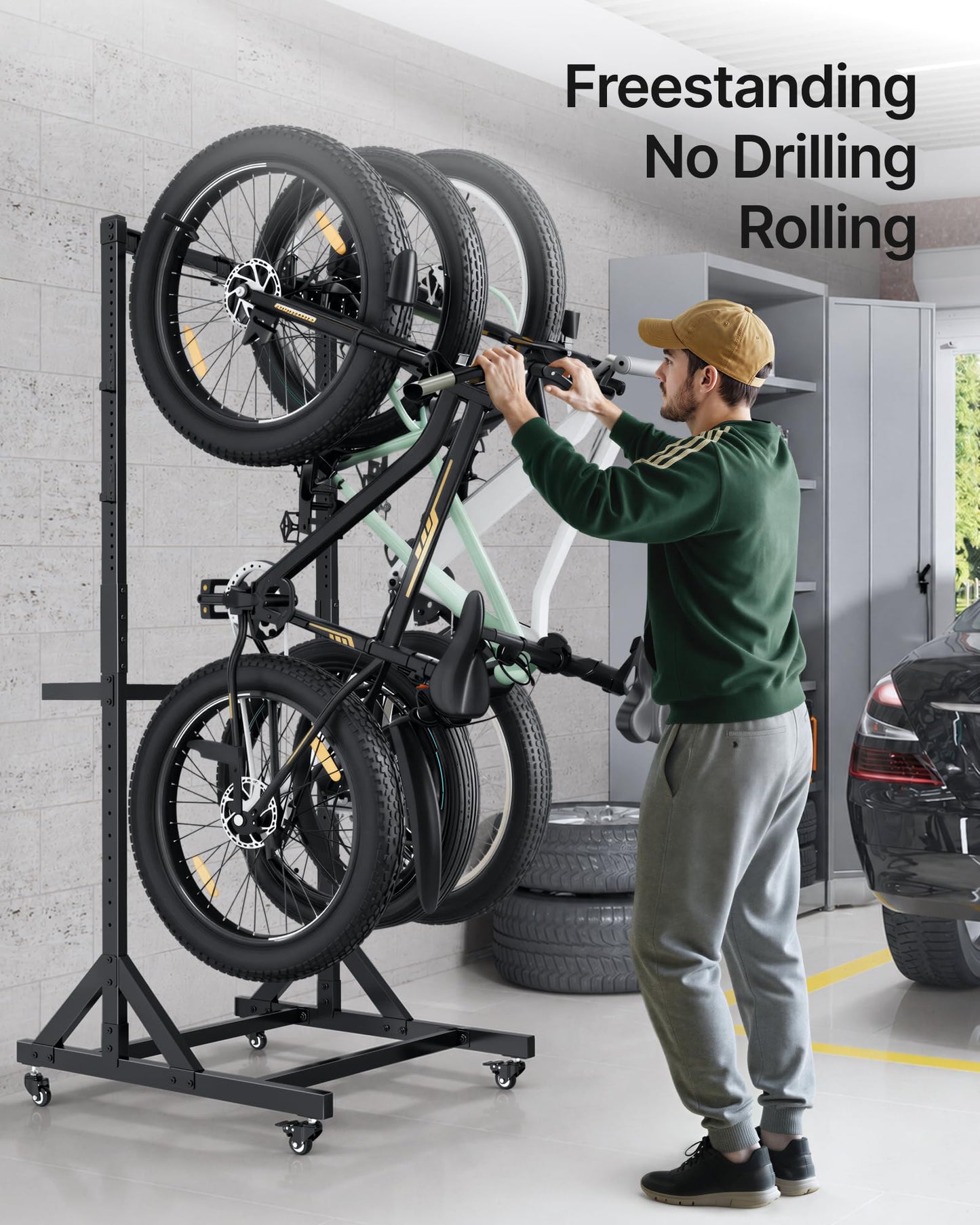monTEK Rolling 3-Bike Rack Garage, Up to 4.5" Tire Width
