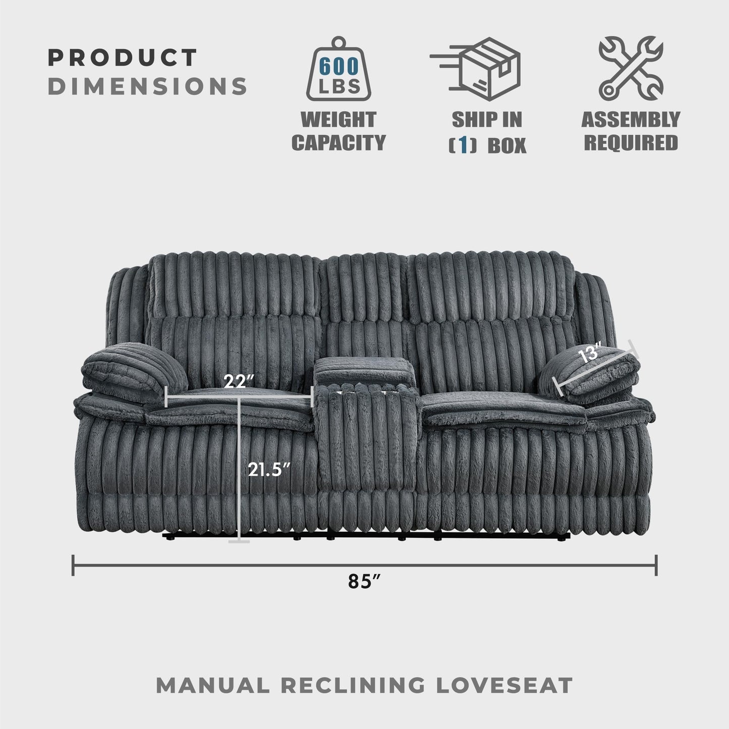 Lexicon Manual Double Reclining Loveseat with Center Console, Corduroy Manual Wall Hugger Recliner Couch, Pillow Top Arms, Cup Holders, Hidden Storage, Cozy Loveseat for Living Room, Dark Gray