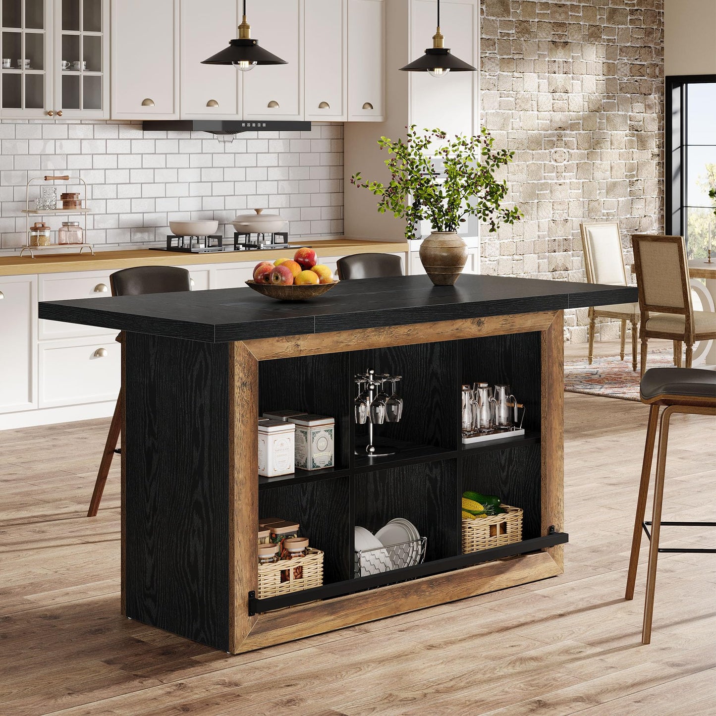 Tribesigns Kitchen Island with Storage, Farmhouse Island Bar, Black&Brown
