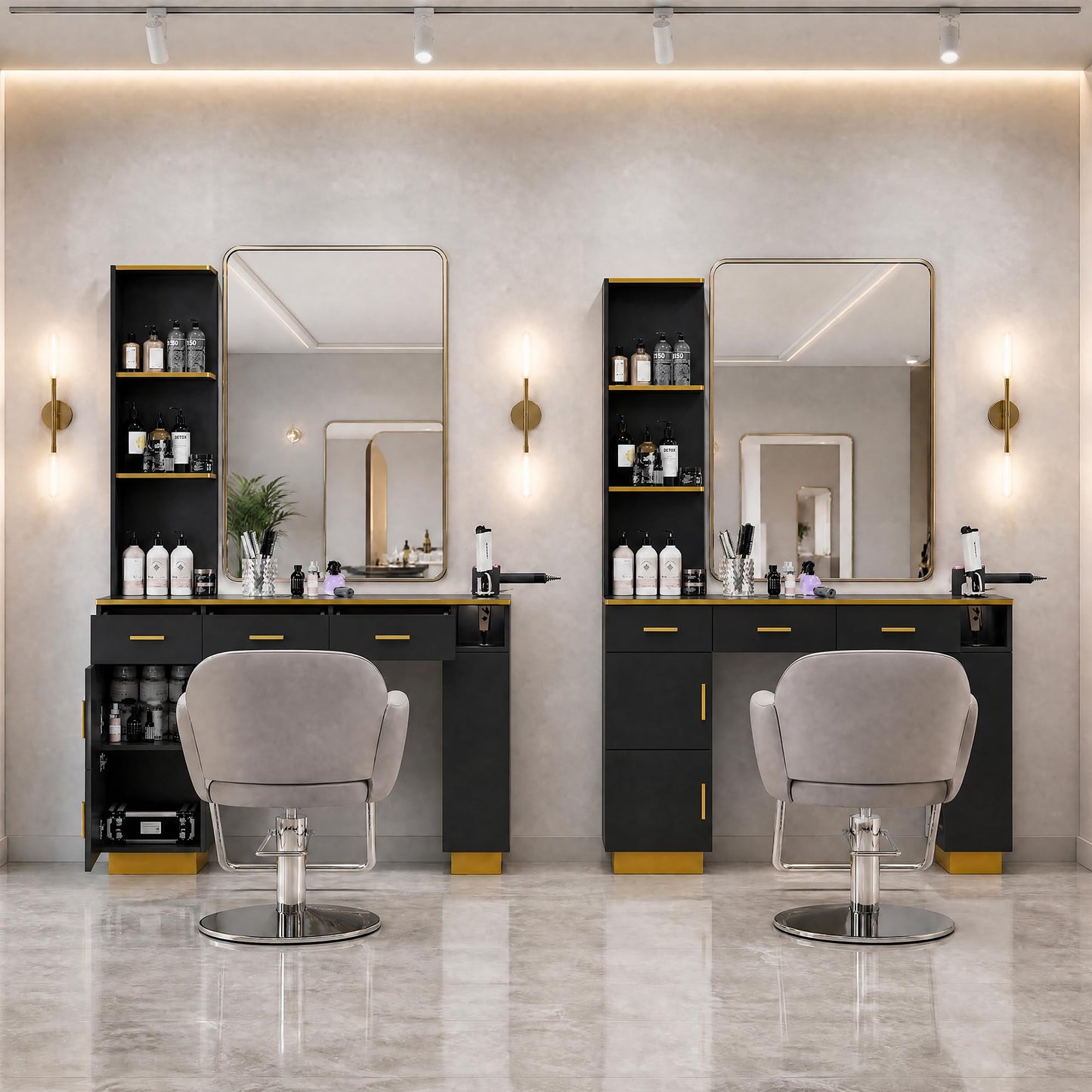 Salon Station for Hair Stylists, Professional Barber Desk Styling Station with 2 Cabinets, 3 Drawers, Display Rack & Open Shelves, Salon Storage Cabinet for Barber Shop Spa Beauty, Wall Mount, Black