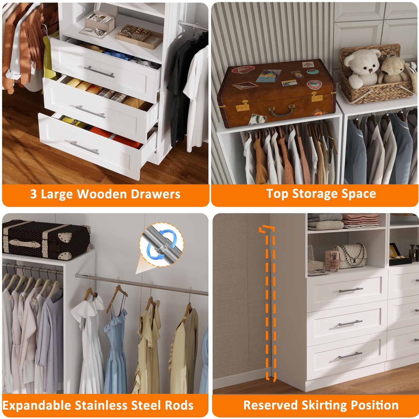 Secilix 5–9FT Closet System with 3 Wood Drawers, Closet Organizer System with 5 Expandable Hanging Rods, Walk-in Closet System with Shelves, Wall Mounted Built-in Closet Organization System