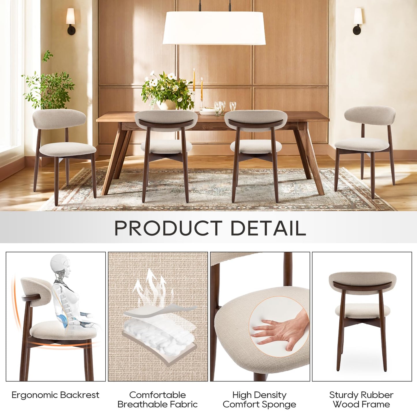 COLAMY Wooden Dining Chairs Set of 4, Modern Fabric Upholstered Kitchen Side Chairs, Farmhouse Dining Room Chair with Foot Pegs, Beige