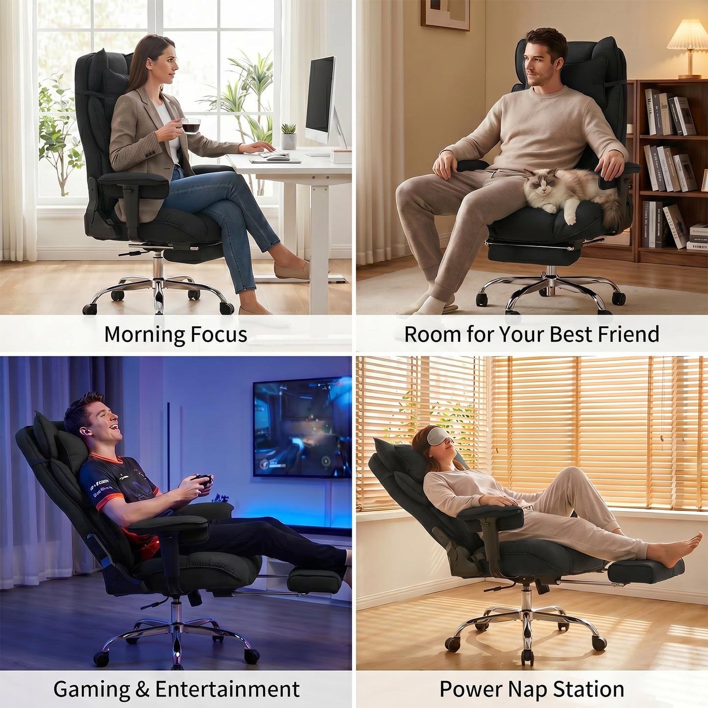 mokodo Big and Tall Office Chair 400lbs, Breathable Fabric Executive Desk Chair with Pocket Spring Cushion, 155° Reclining Computer Chair with Integrated Headrest & Lumbar Pillow (Black)