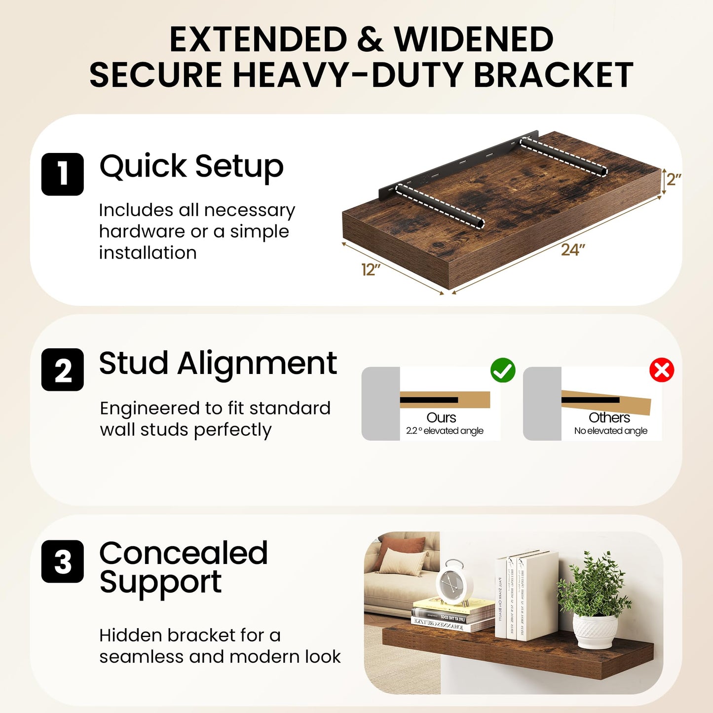 Fun Memories 72 Inch Floating Shelves, 12 Inch Deep Wall Shelf for Fireplace Mantel, Deep Storage Shelves for Home & Office, Long Floating Shelf with Invisible Bracket, Rustic Brown, Set of 2