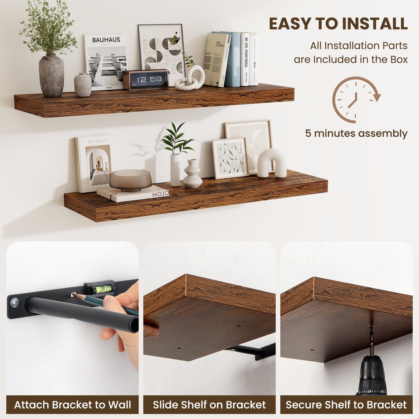 Fun Memories 72 Inch Fireplace Mantel Shelf, 10 Inch Deep Shelves for Display & Wall Storage, Rustic Wood Wall Shelf, Extra Long Floating Shelves for Living Room Laundry Room, Rustic Brown, Set of 2