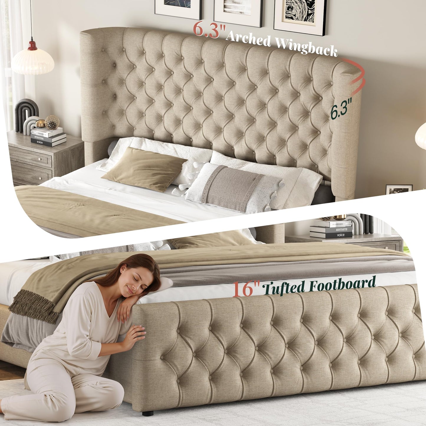 Jocisland Queen Size Upholstered Bed Frame with 6.3-Inch Curved Wingback Headboard, Tufted Footboard, Wood Slats, No Box Spring Needed, Khaki Linen