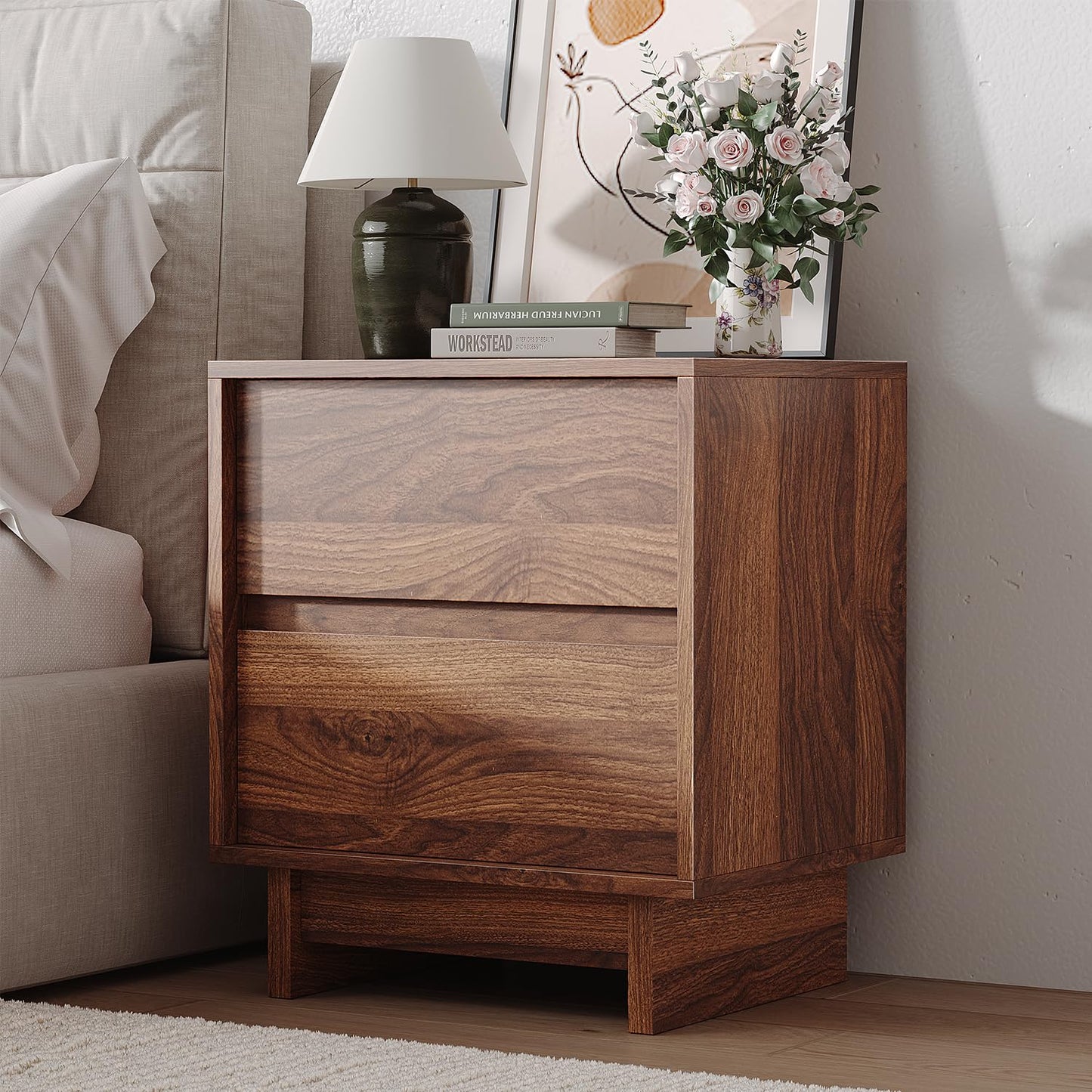 CHUWELL 3-Piece Bedroom Dresser Set-9 Drawer Dresser & 2 Nightstands,63" Wide Walnut Dresser and Night Stands with Solid Wood Cylindrical Legs,Rustic Wooden Storage for Bedroom