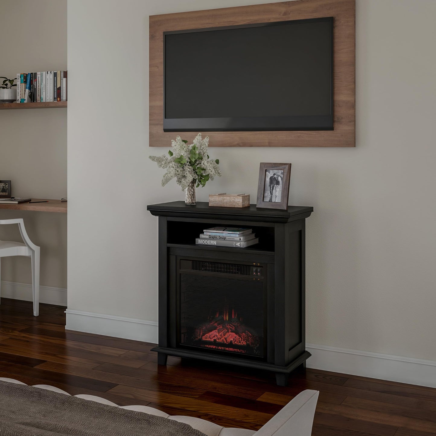 Northwest 27-Inch Electric Fireplace TV Stand for 32” TVs - Fireplace Mantel TV Console Entertainment Center with Shelf - 1400W Electric Fireplace with Mantel Heats Rooms up to 400 SQ FT (Black)