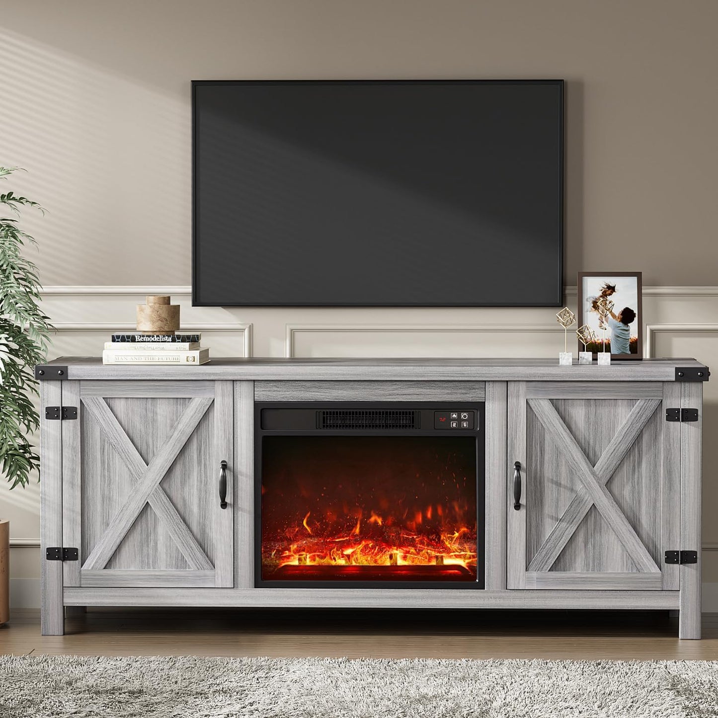 YESHOMY Fireplace TV Stand with Two Barn Doors and Storage Cabinets for Televisions up to 65+ Inch, Entertainment Center Console Table, Media Furniture for Living Room, 58 Inch, Gray
