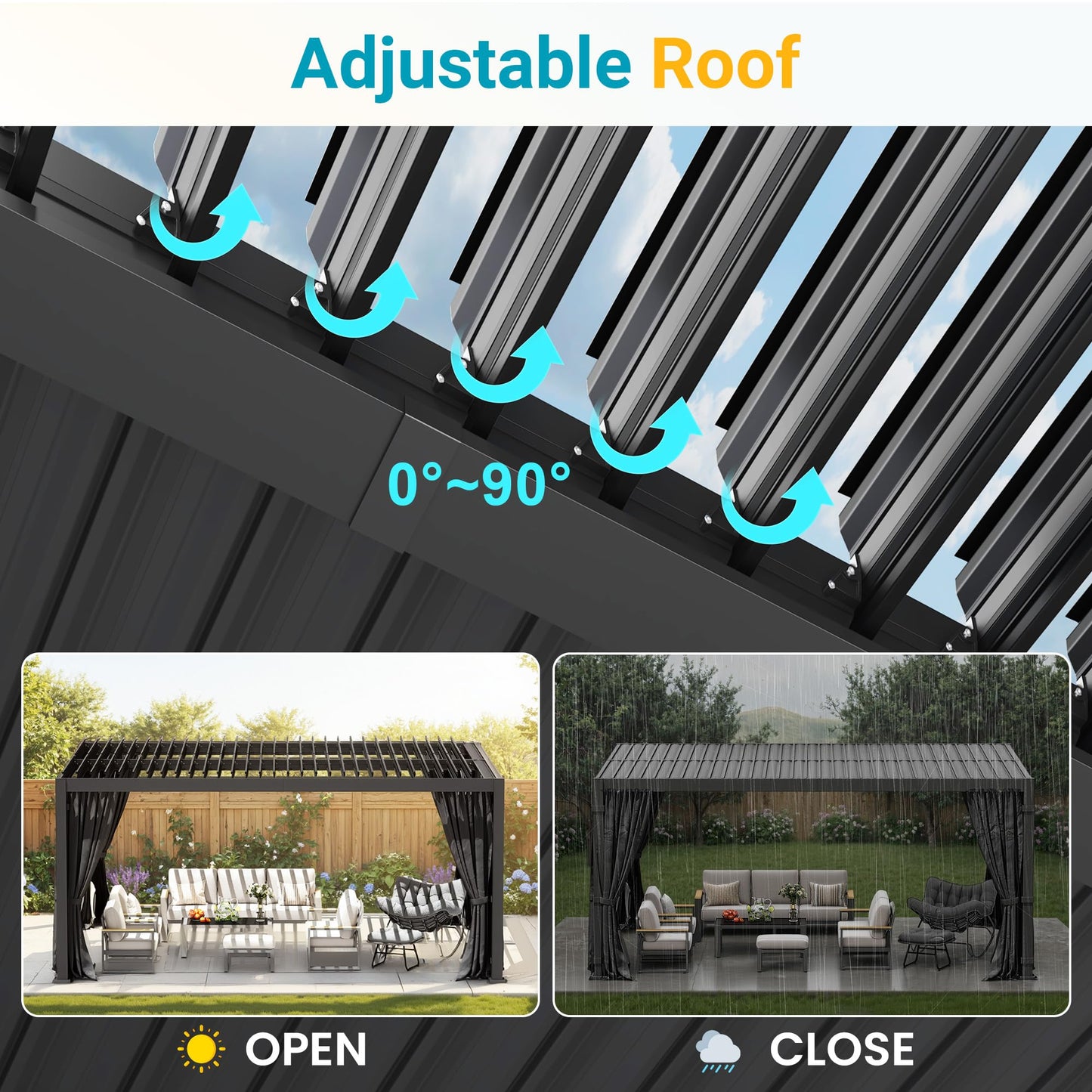 12' x 16' Louvered Pergola, Outdoor Pergola with Curtains & Netting, Metal Patio Pergola with Adjustable Louvers Roof and Gutter System, Metal Hardtop Gazebo for Patio, Deck, Garden, Yard, Dark Gray