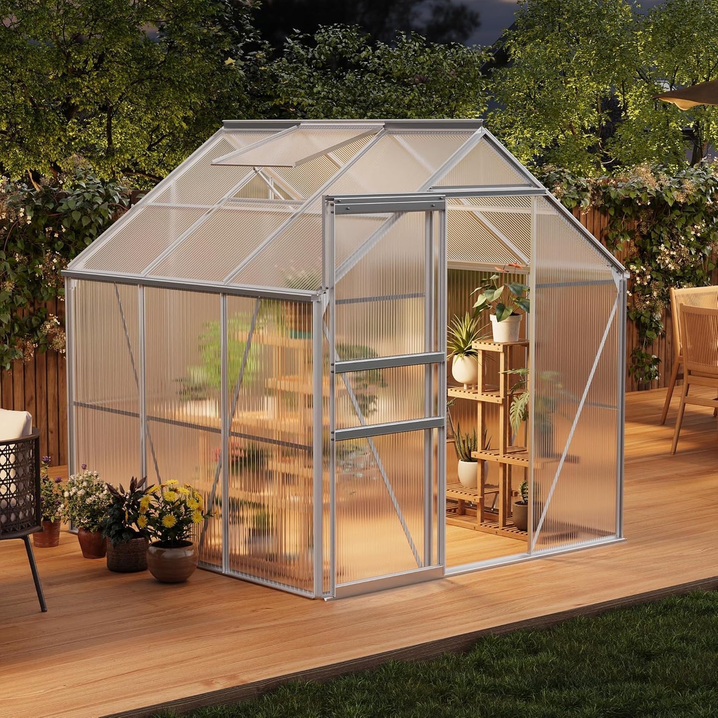 6 x 6 ft Polycarbonate Green Houses with Aluminum Frame for Outside - Heavy Duty Walk-in Greenhouse with Sliding Door and Adjustable Roof Vent for Backyard,Garden