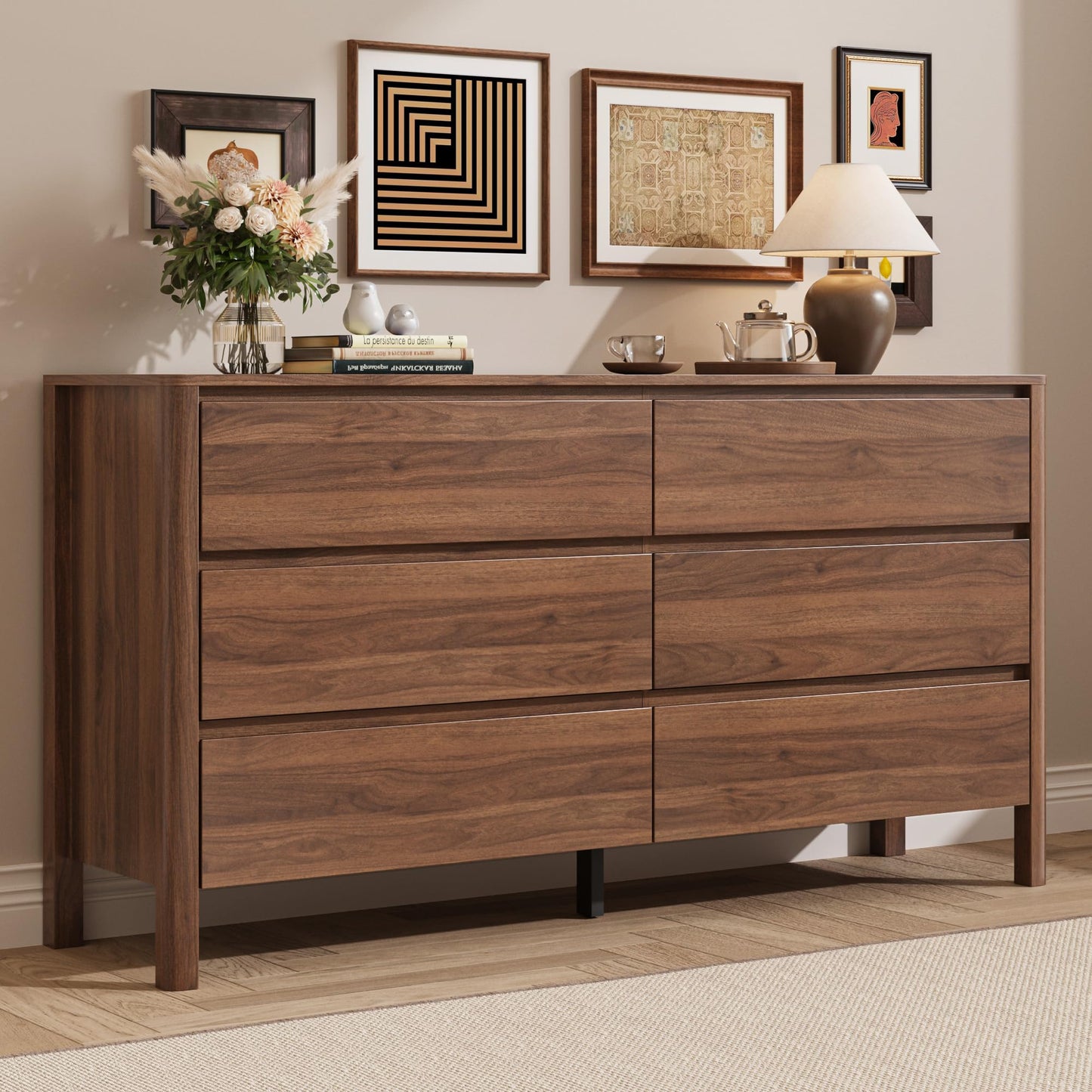 MAISONARIA Walnut Dresser for Bedroom, 55.1" Wide Dresser with 6 Drawers and Hidden Handles, Modern Wood Chest of Drawers for Clothes and Accessories, Stylish Storage Cabinet for Living Room, Entryway