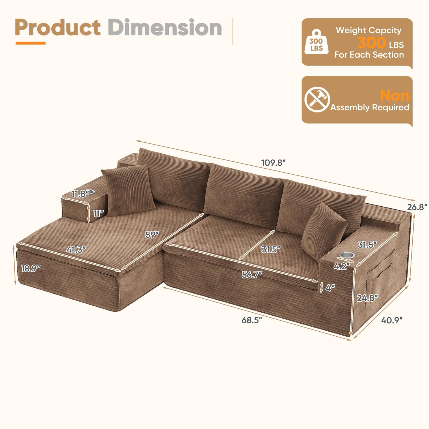 Homall 109" Boneless Couch with Memory Foam, Modular Sectional Sofa with L-Shape Chaise, Cloud Couch with Deep Seat, Dual Cup Holders & Side Pockets, No Assembly Required (Brown)