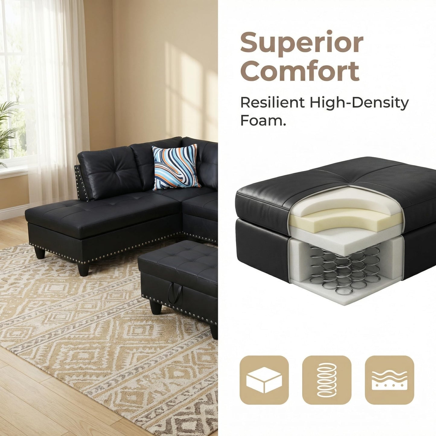 Trygoal Leather 3-Piece L-Shaped Couches for Living Room, Sectional Sofa with Storage Ottoman & Movable Chaise, Modular Convertible Couch for Bedroom & Apartment, Midnight Black
