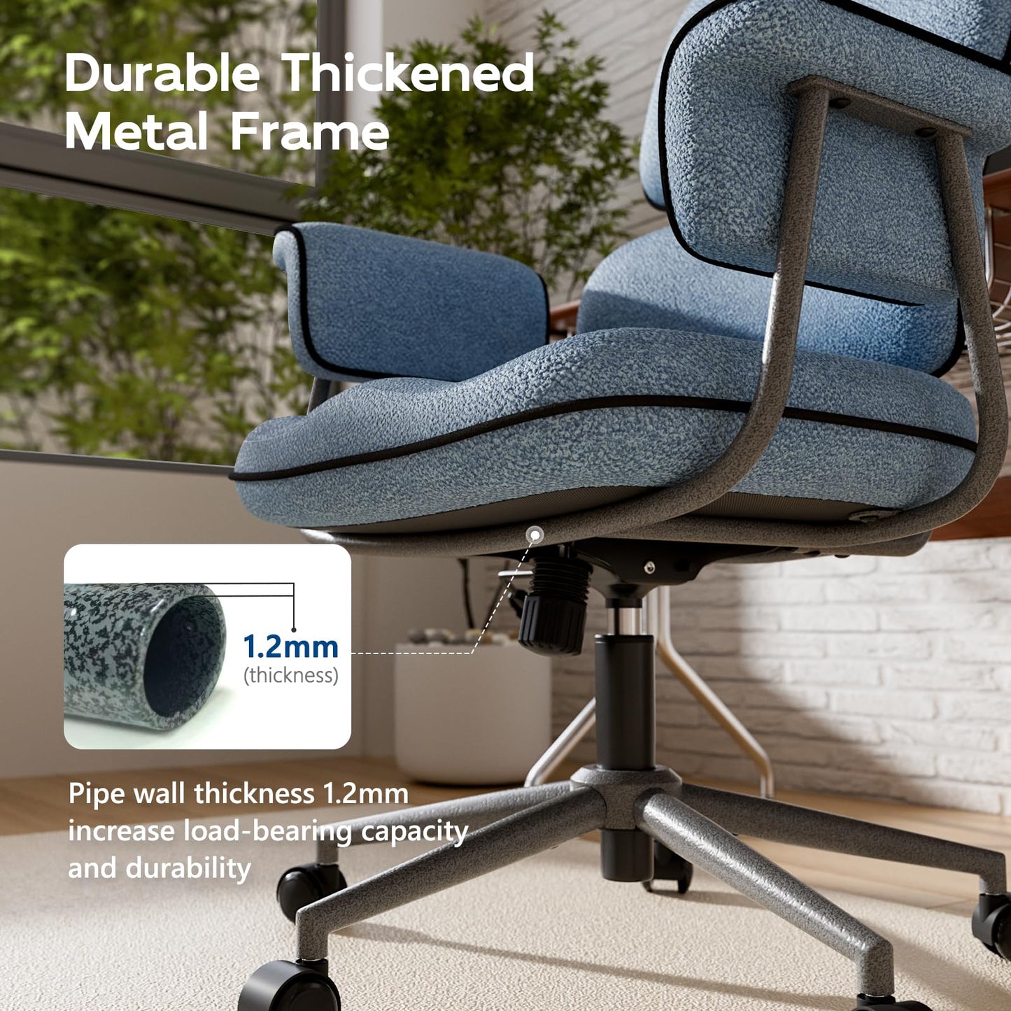 HomeZeer Blue Office Chair with Memory Foam Cushion, Fabric Office Chair with Wheels and Arms, Mid Century Modern Desk Chair with Adjustable Height and Granular Linen