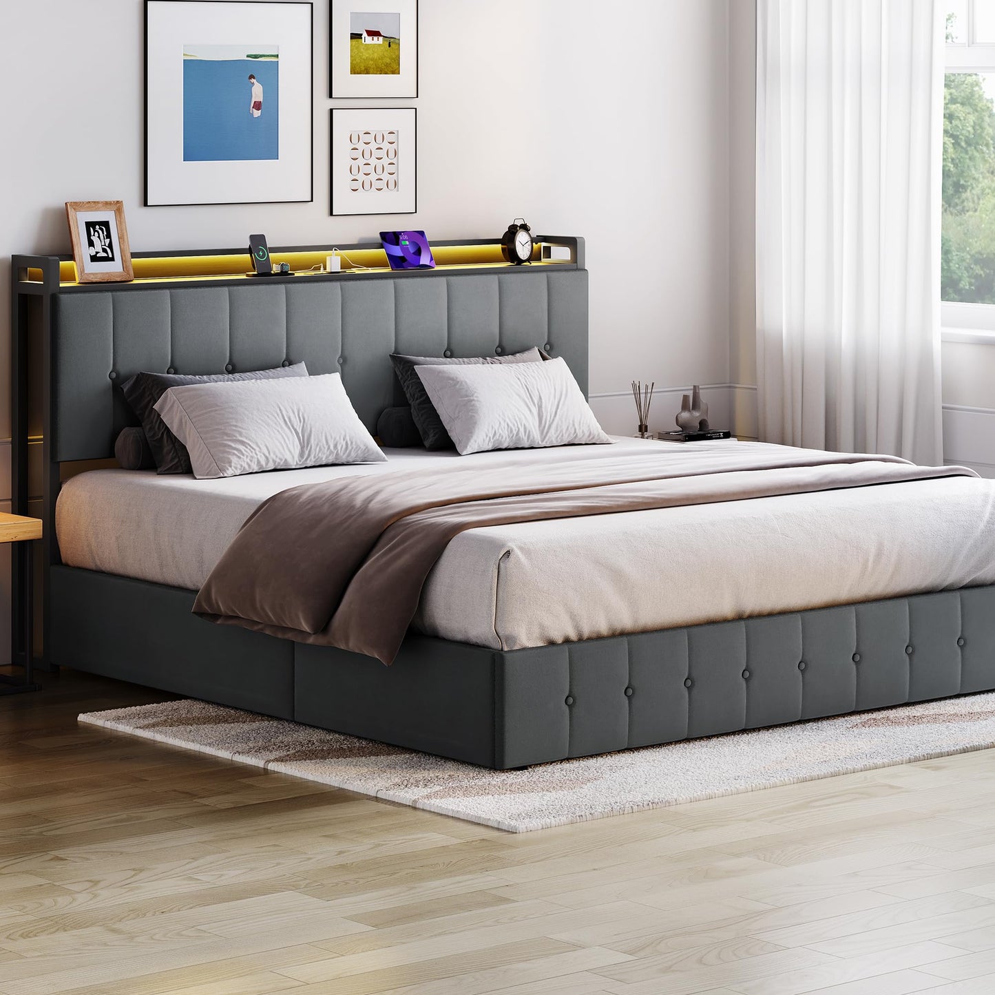 Garvee King Size Lift Up Storage Bed with LED Lights, Upholstered Velvet Bed Frame with Storage Headboard & Charging Station, Metal Platform Bed, No Box Spring Needed, Solid Wooden Slats, Grey