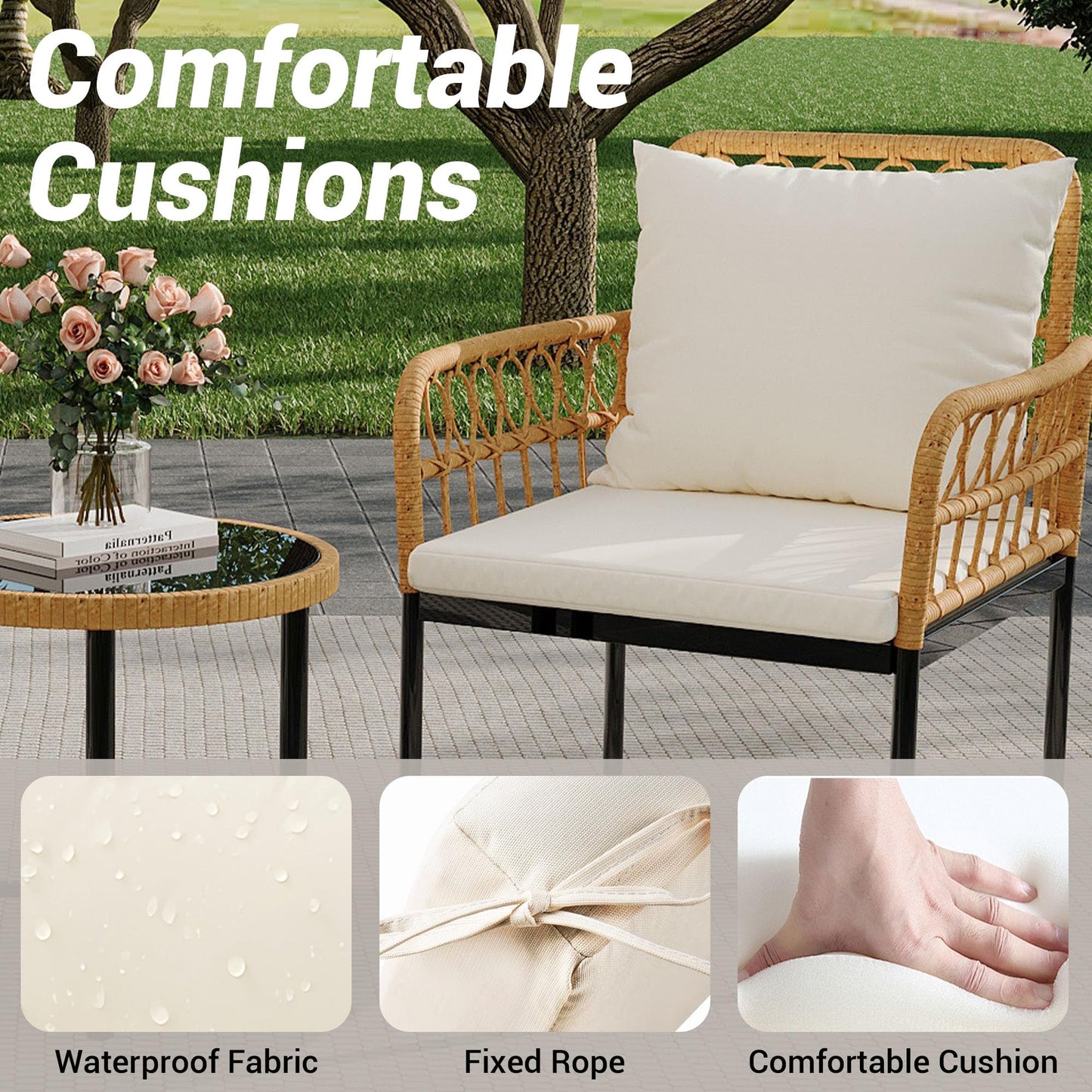 GarveeLife Wicker 3 Pieces Patio Bistro Sets Outdoor Conversation Sets with Glass Top Side Table and 2 Modern Rattan Chairs, Patio Furniture Set for Apartment, Backyard, Porch, Balcony, Lawn (Beige)