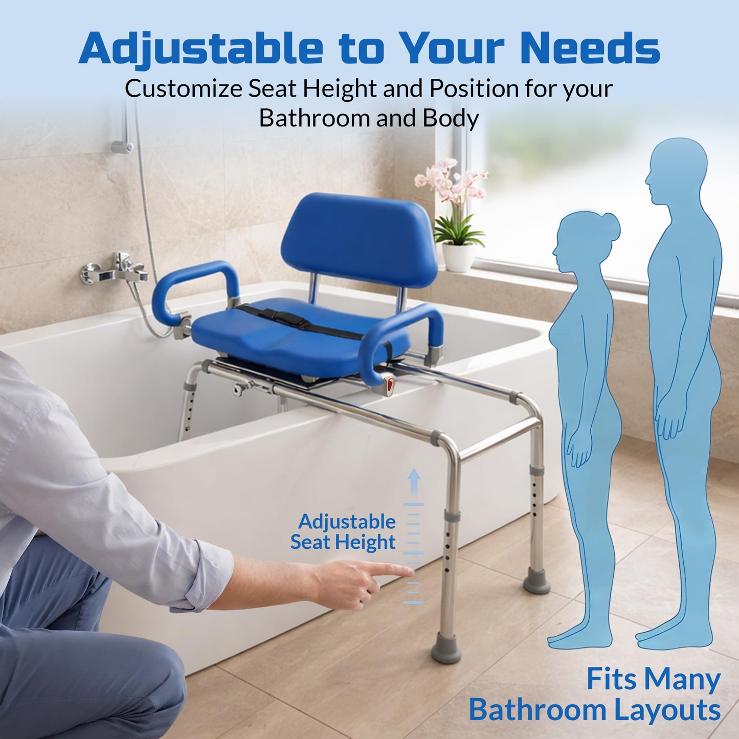 Platinum Health Carousel Sliding Shower Chair Tub Transfer Bench with Swivel Seat, Premium Padded, Pivoting Arms, Adjustable Space Saving Design for Tubs, Inside Shower, for Handicap & Seniors, Blue