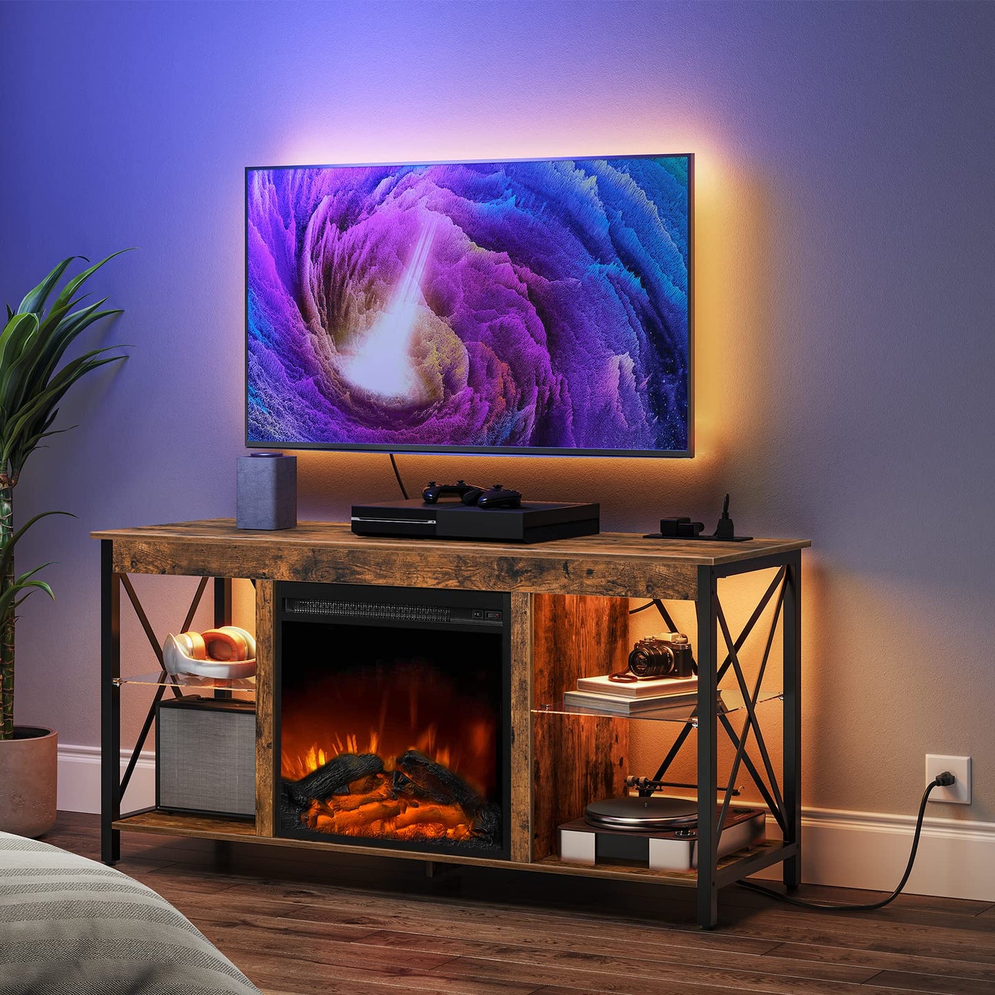 HOOBRO Fireplace TV Stand with Charging Station and LED Lights, TV Stand with Fireplace for TVs up to 55", Entertainment Center with Fireplace, Glass Shelves, Rustic Brown and Black BF120UDDS01