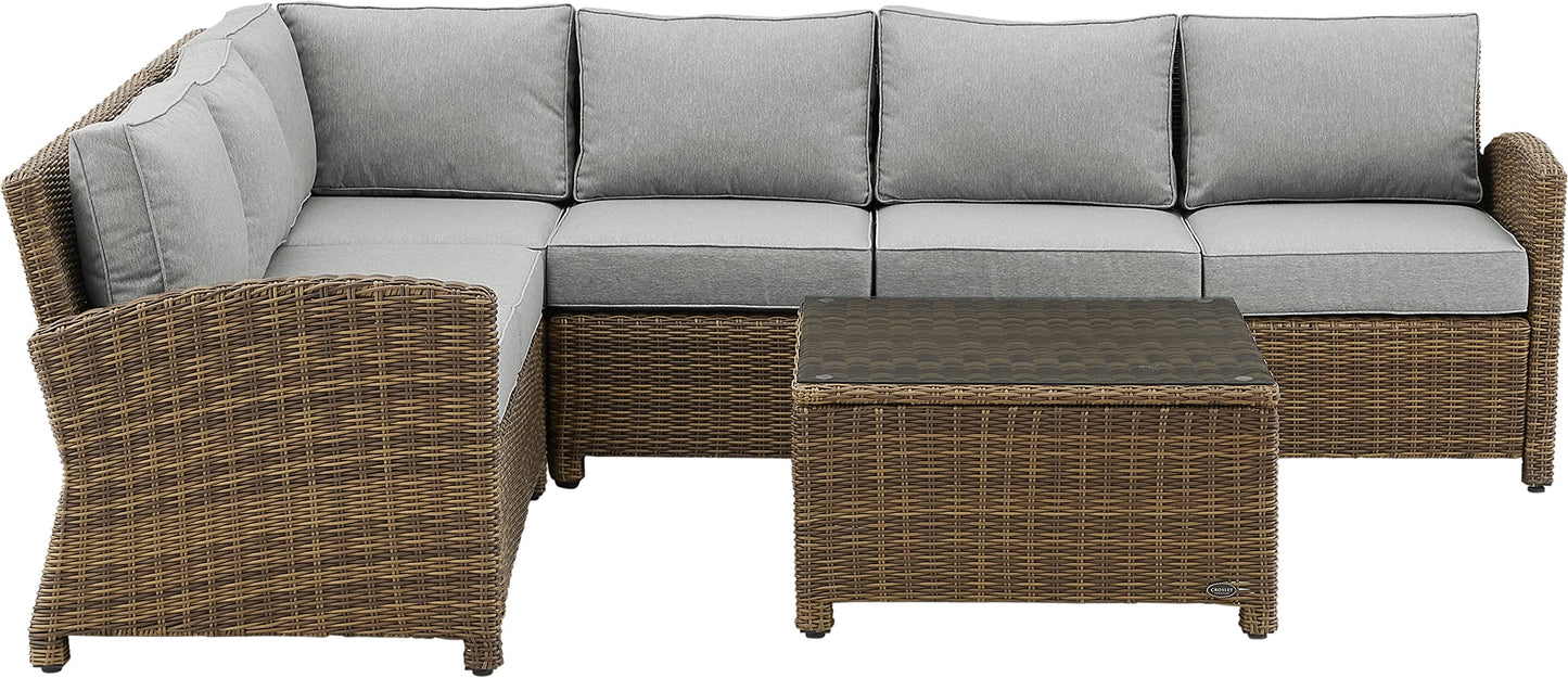 Crosley Furniture Bradenton 5-Piece Outdoor Sectional Sofa Wicker Conversation Patio Furniture Set for Deck, Brown with Gray Cushions