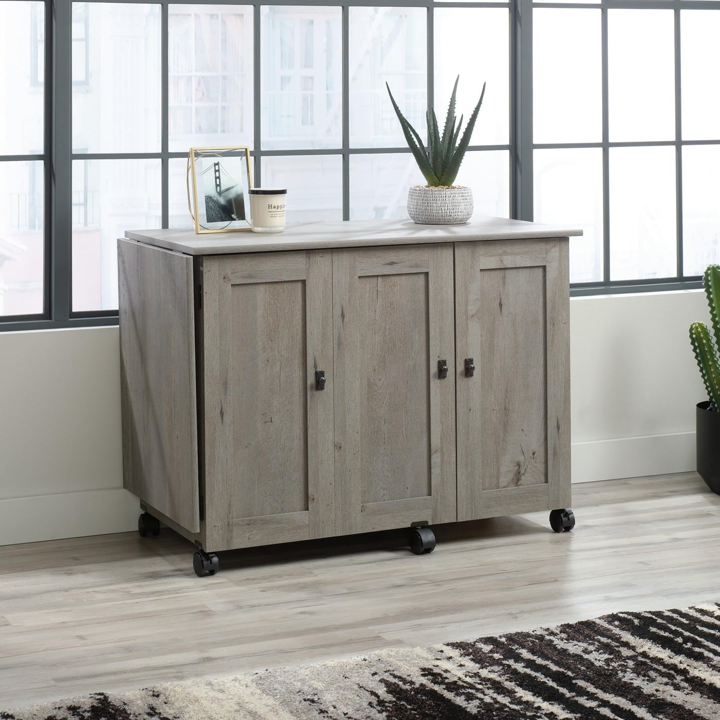 Sauder Craft Cart Storage Cabinet, Rolling Sewing Table with Expandable Top, Mystic Oak