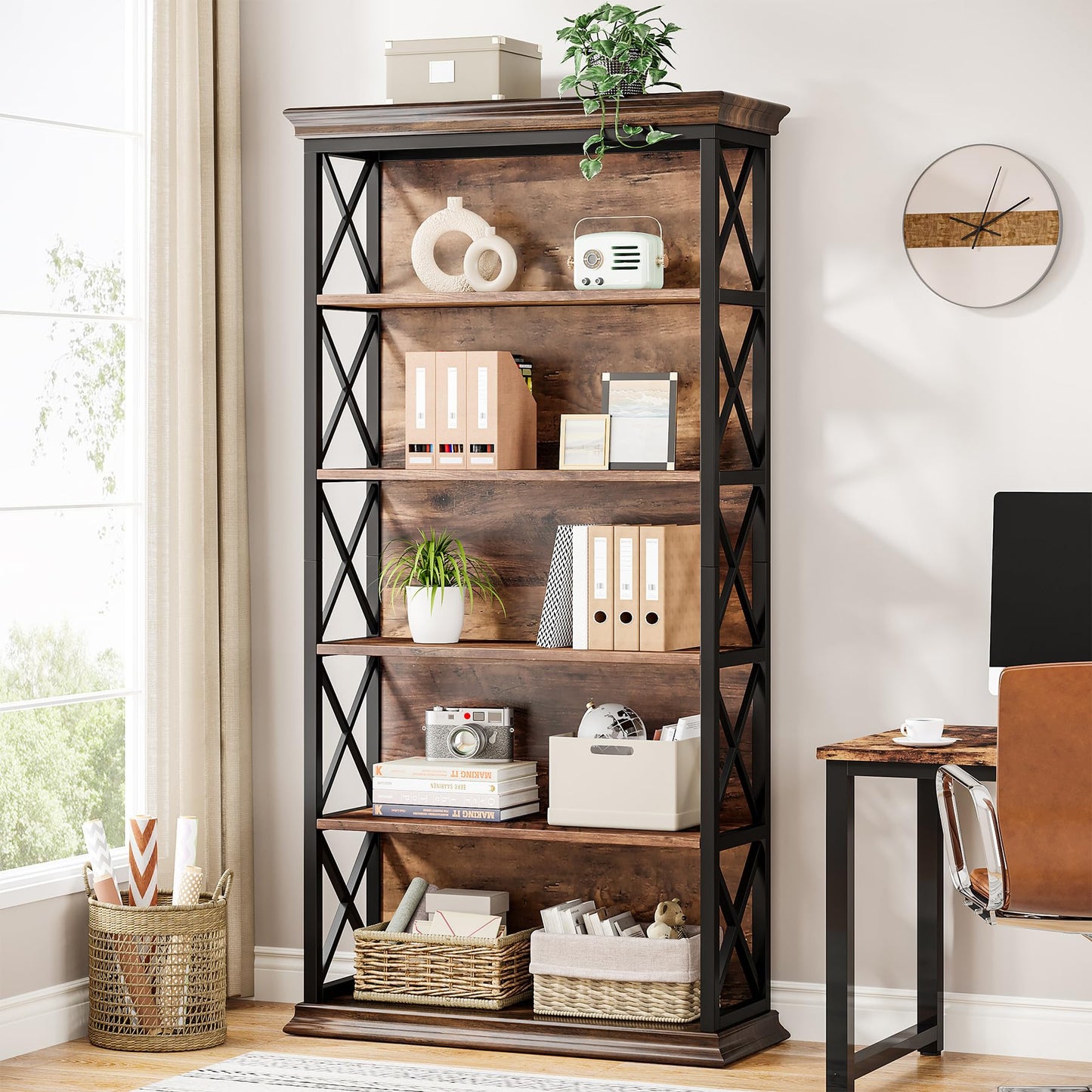 Tribesigns 6-Tier Bookcase, 71 Inches Industrial Bookshelves and Bookcases, Floor Standing 5 Shelf Display Storage Shelves Tall Bookcase for Home Office, Living Room, Bed Room, Brown and Black
